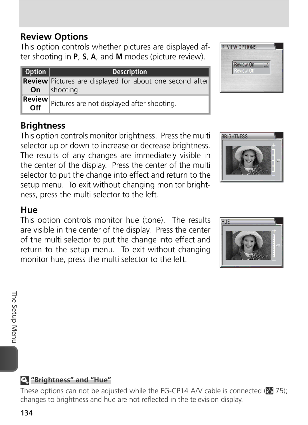 Nikon COOLPIX8800 manual Review Options, Brightness and Hue, 134 