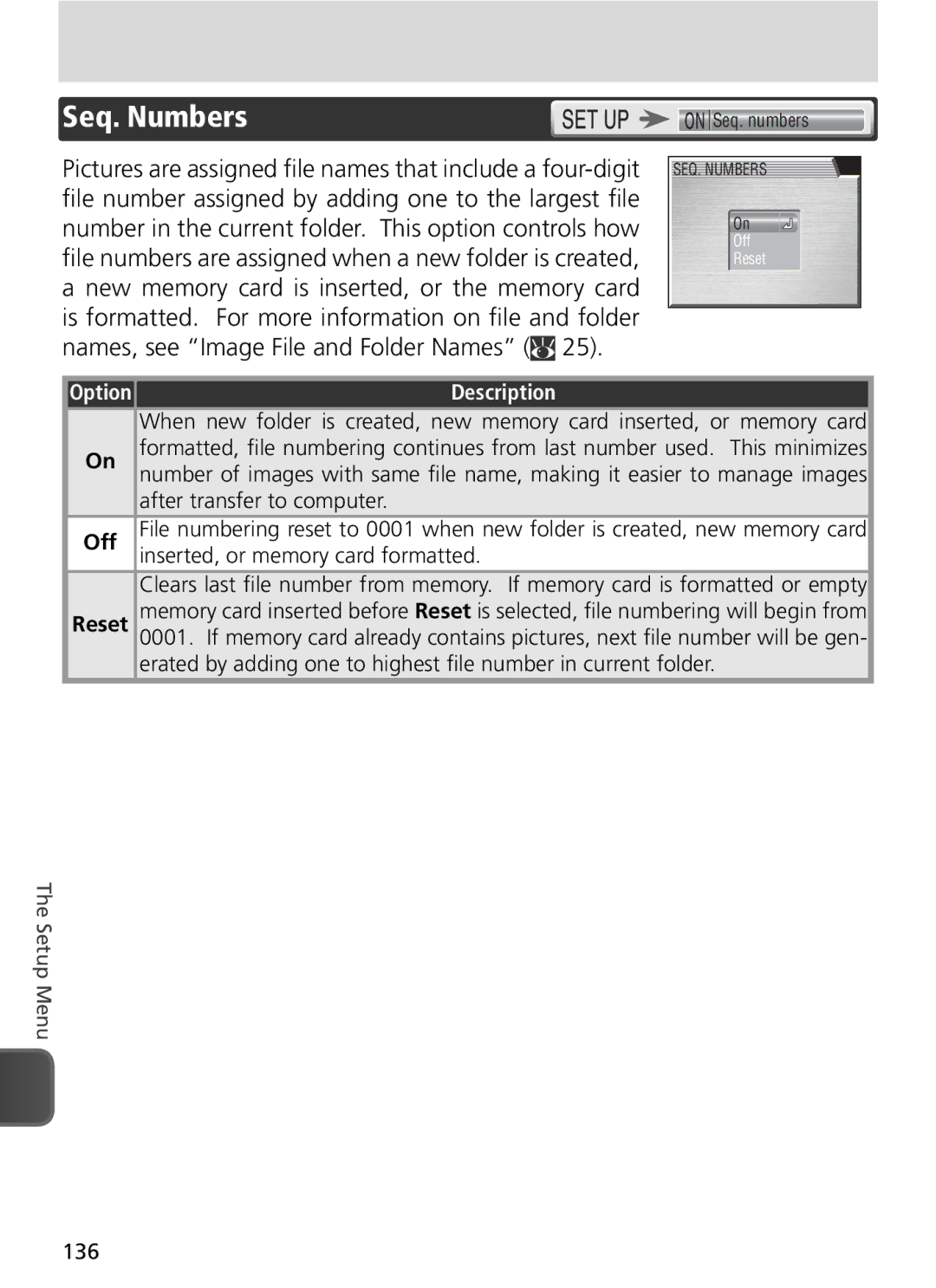 Nikon COOLPIX8800 manual Seq. Numbers, After transfer to computer, Inserted, or memory card formatted 