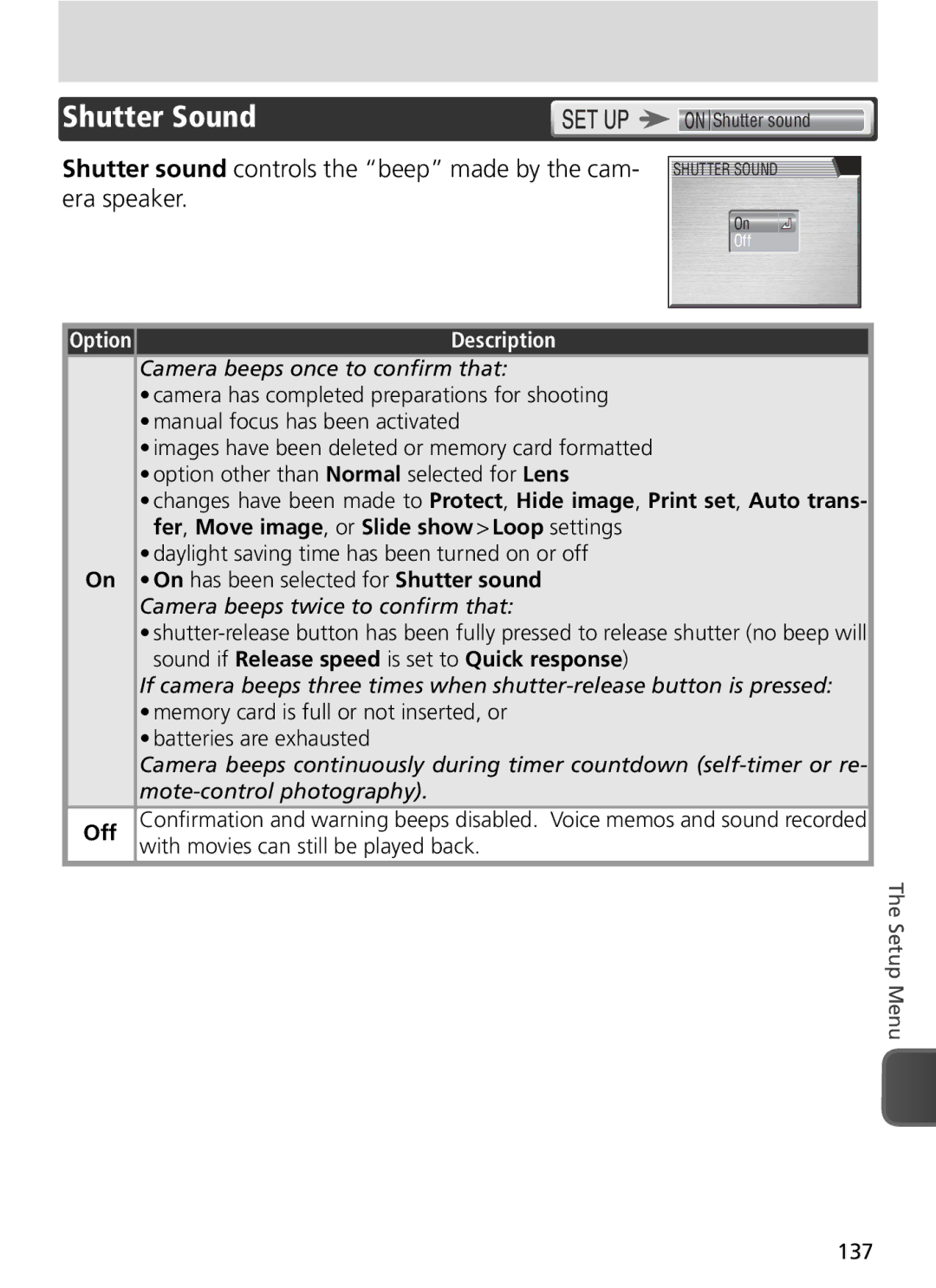 Nikon COOLPIX8800 manual Shutter Sound, Shutter sound controls the beep made by the cam- era speaker 