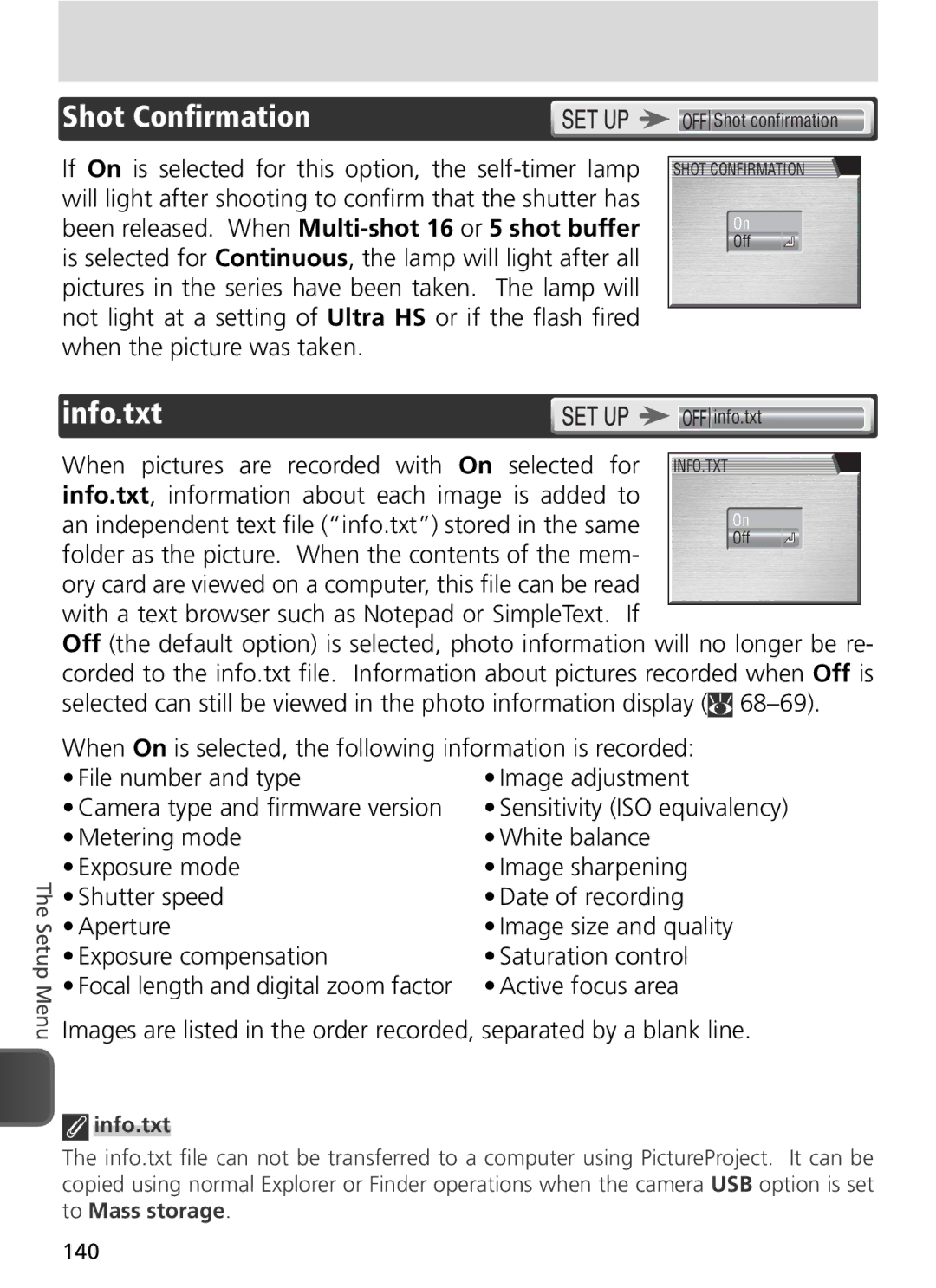 Nikon COOLPIX8800 manual Shot Conﬁrmation, Info.txt, Sensitivity ISO equivalency 