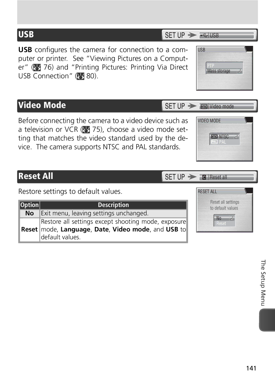 Nikon COOLPIX8800 manual Video Mode, Reset All, Restore settings to default values, Default values 