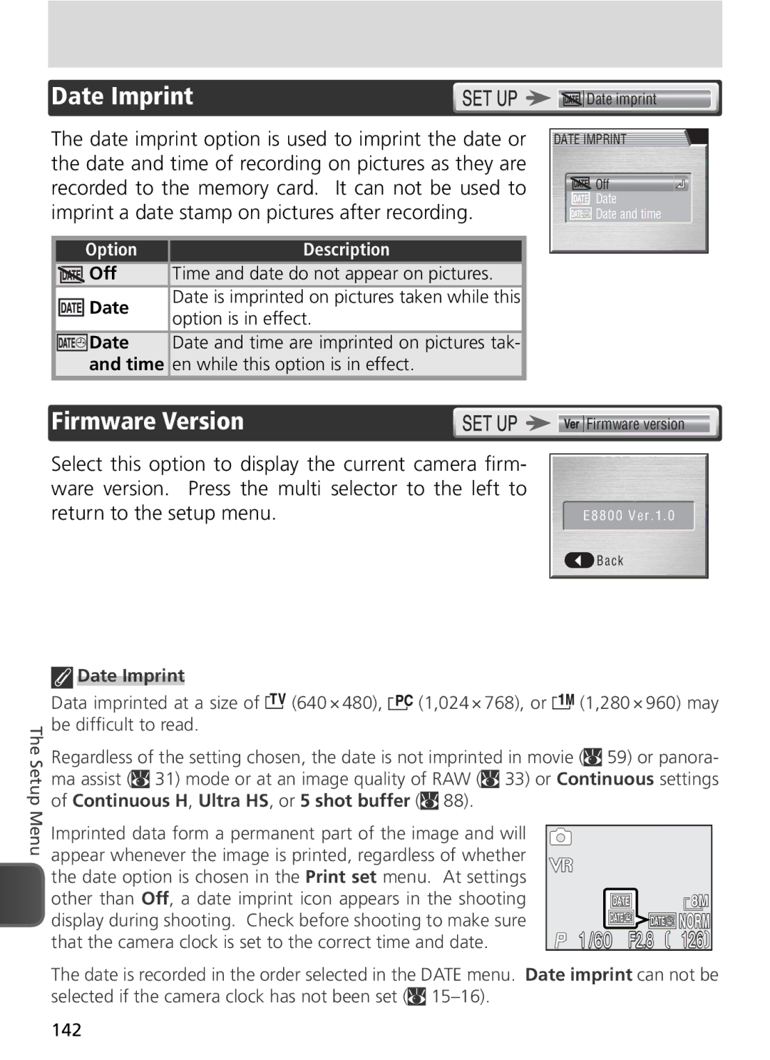 Nikon COOLPIX8800 manual Date Imprint, Firmware Version, That the camera clock is set to the correct time and date 