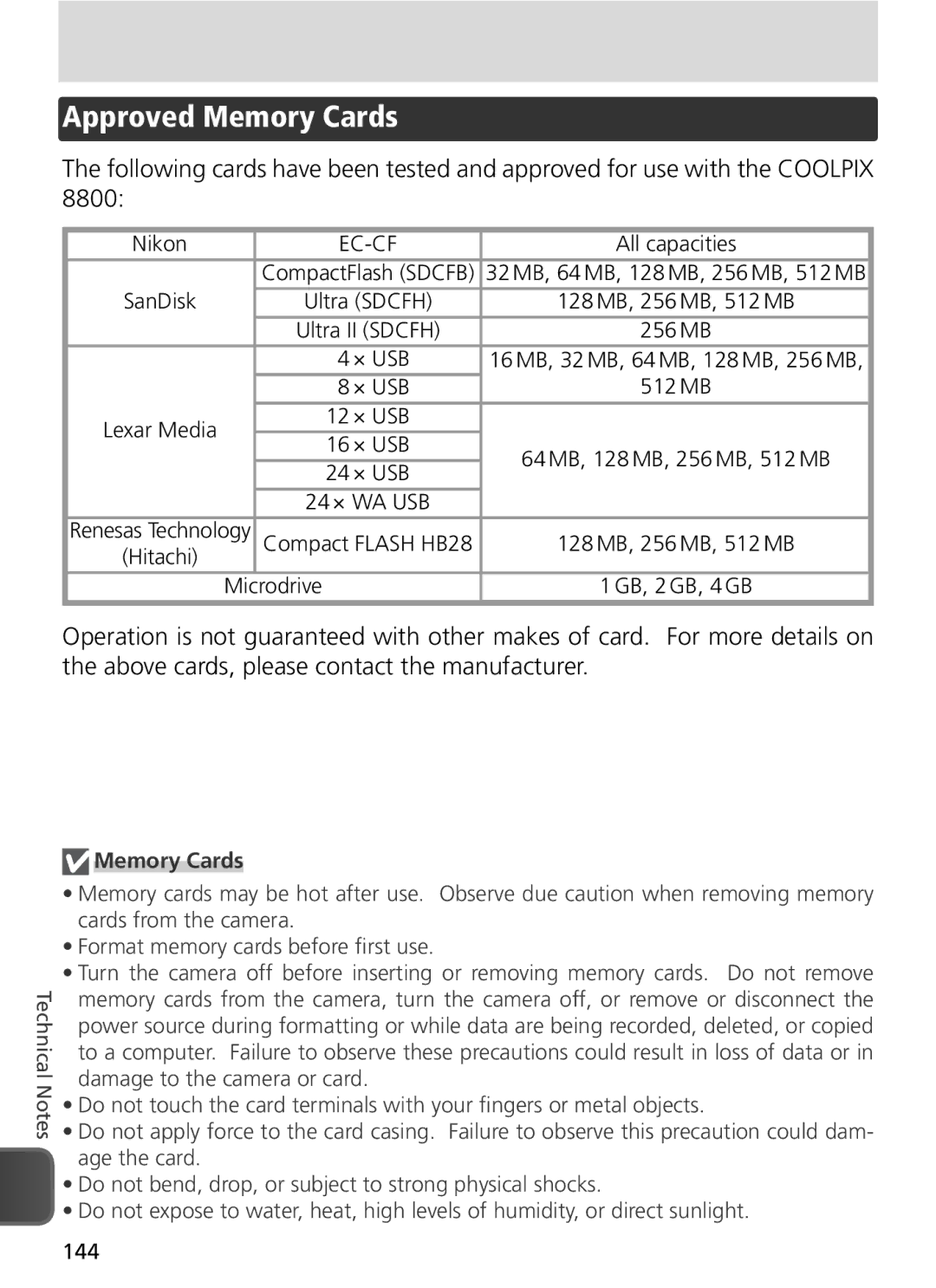 Nikon COOLPIX8800 manual Approved Memory Cards 