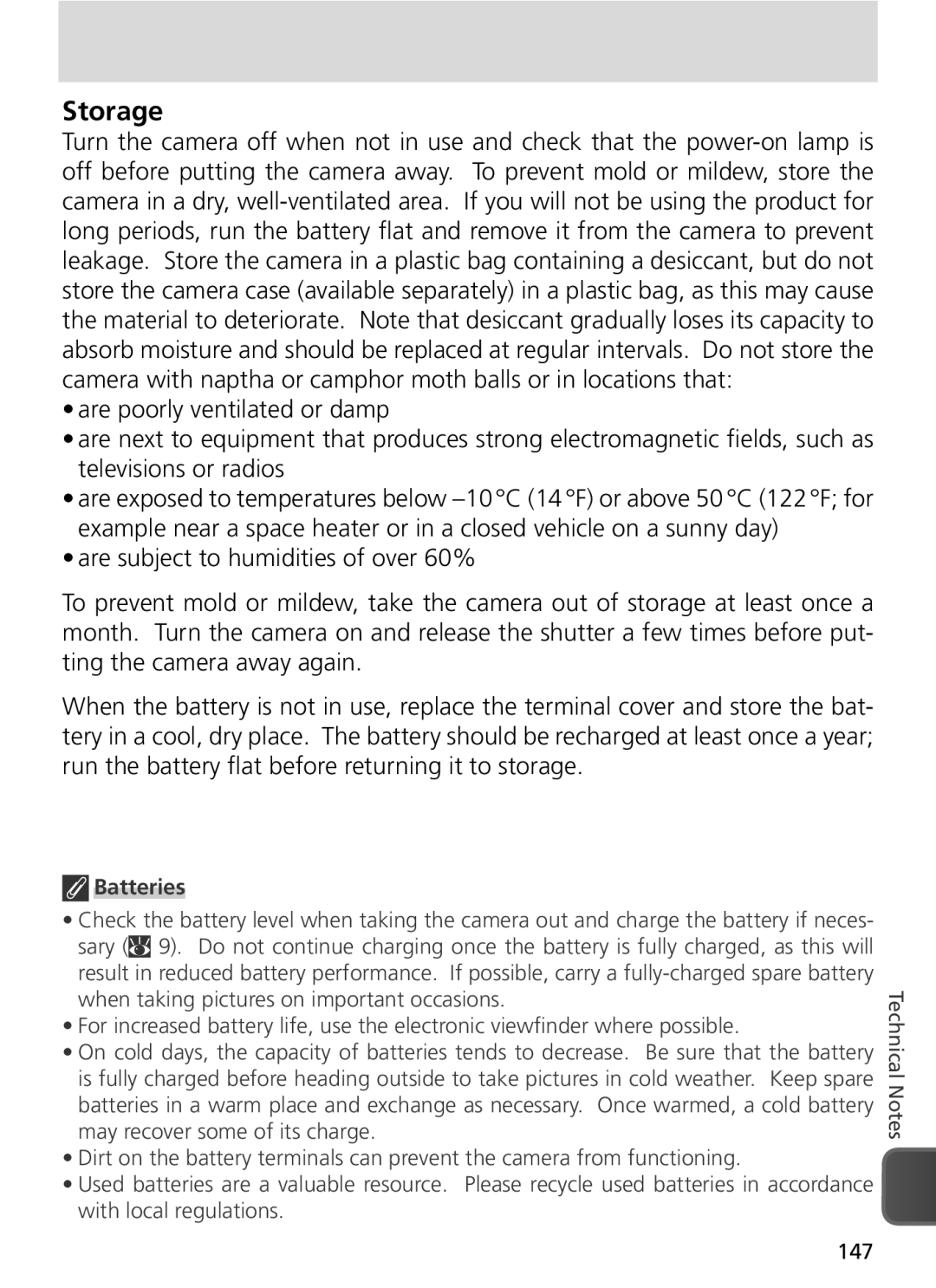 Nikon COOLPIX8800 manual Storage, Batteries, 147 