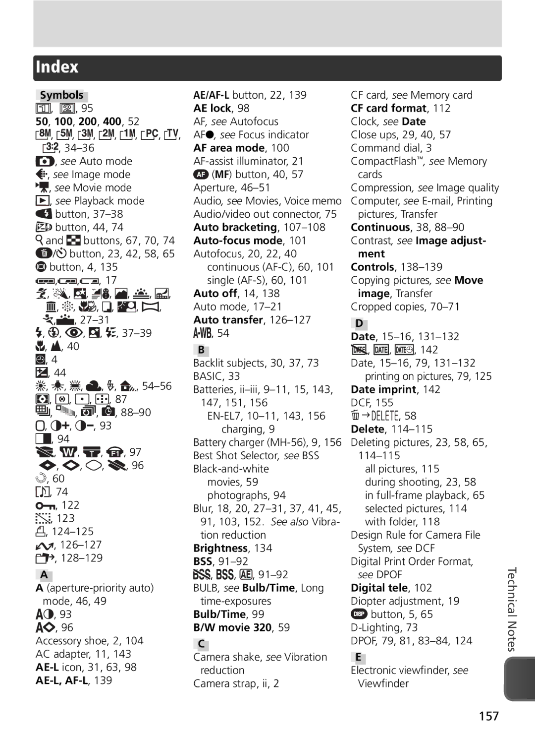 Nikon COOLPIX8800 manual Index, AE lock CF card format 