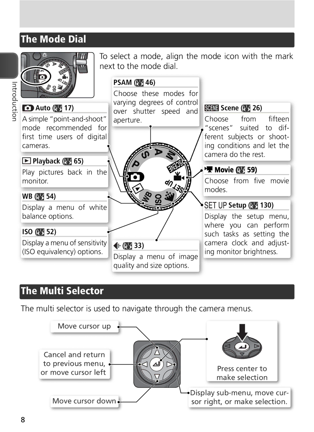 Nikon COOLPIX8800 manual Mode Dial, Multi Selector, Multi selector is used to navigate through the camera menus 