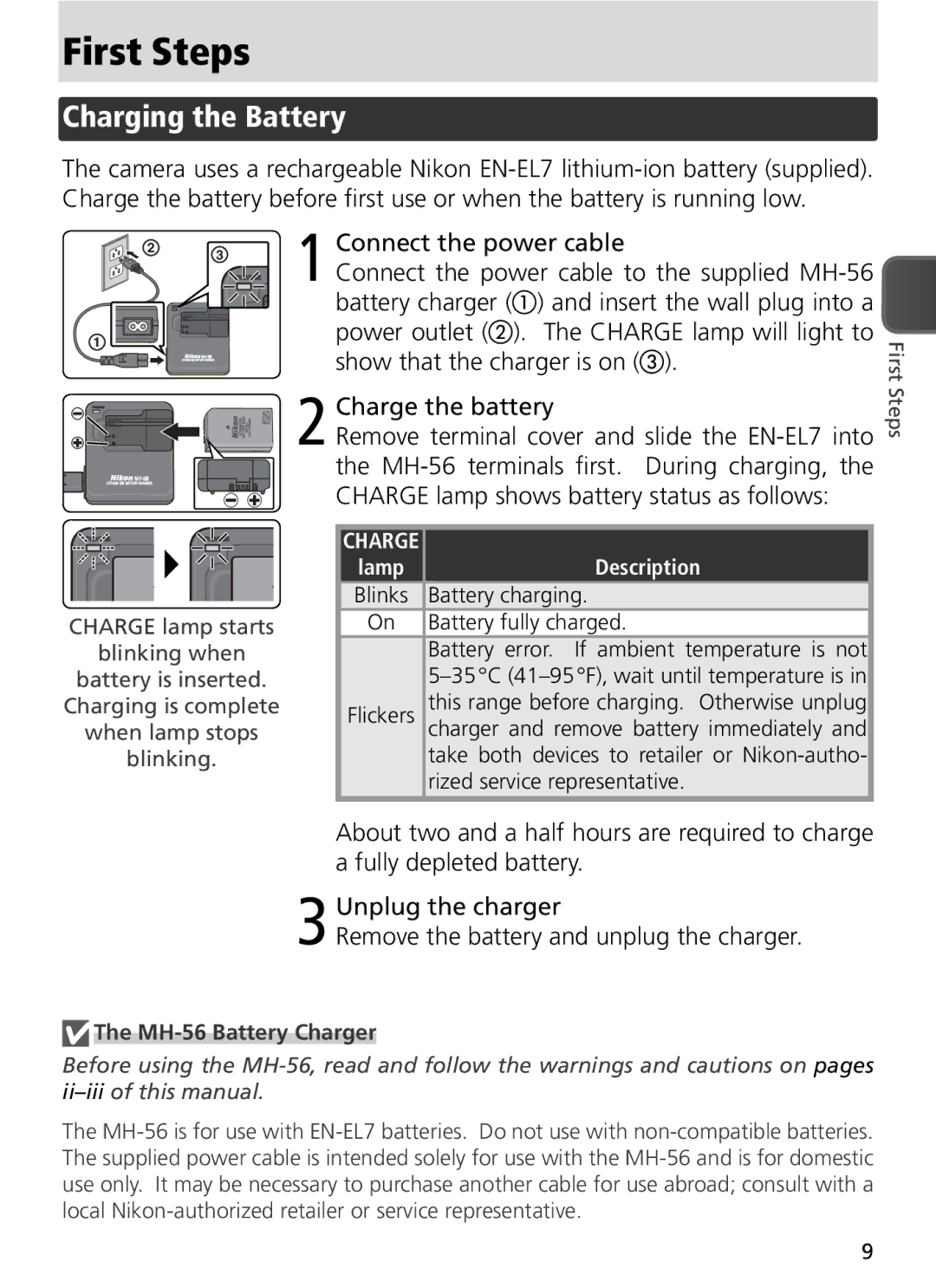 Nikon COOLPIX8800 manual First Steps, Charging the Battery, Charge the battery, Description, MH-56 Battery Charger 