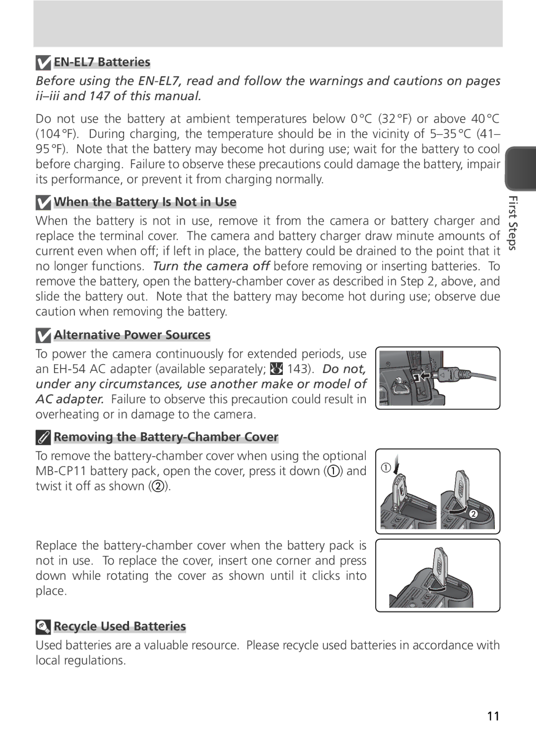 Nikon COOLPIX8800 EN-EL7 Batteries, When the Battery Is Not in Use, Alternative Power Sources, Recycle Used Batteries 