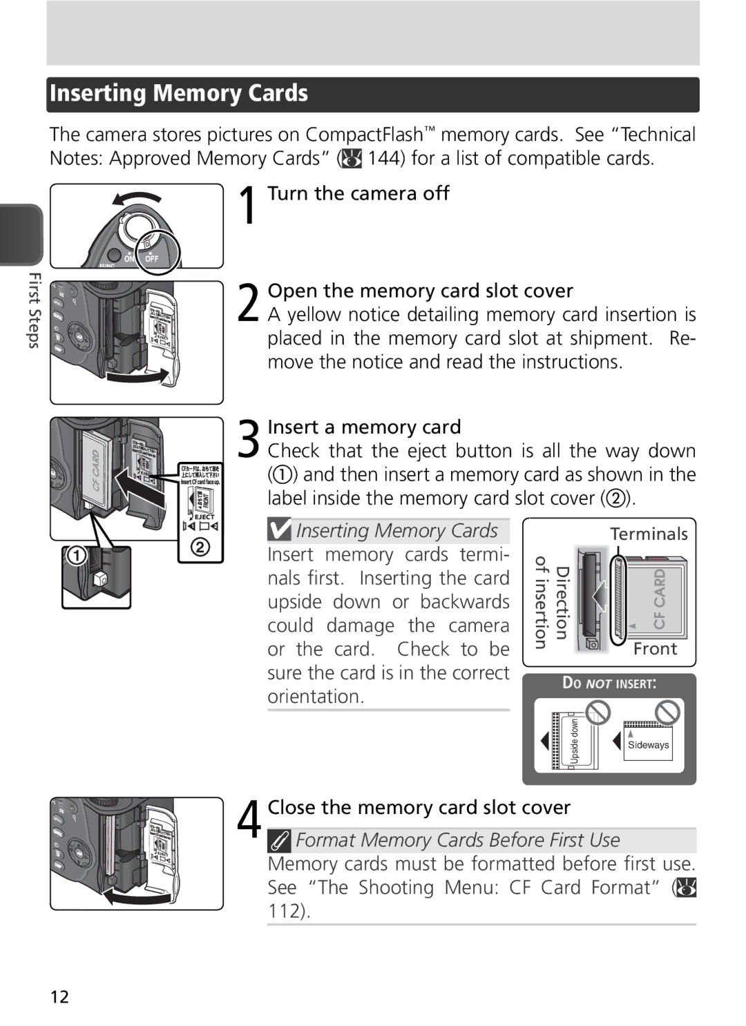 Nikon COOLPIX8800 manual Inserting Memory Cards, Close the memory card slot cover, Terminals, Ofinsertion Direction Front 