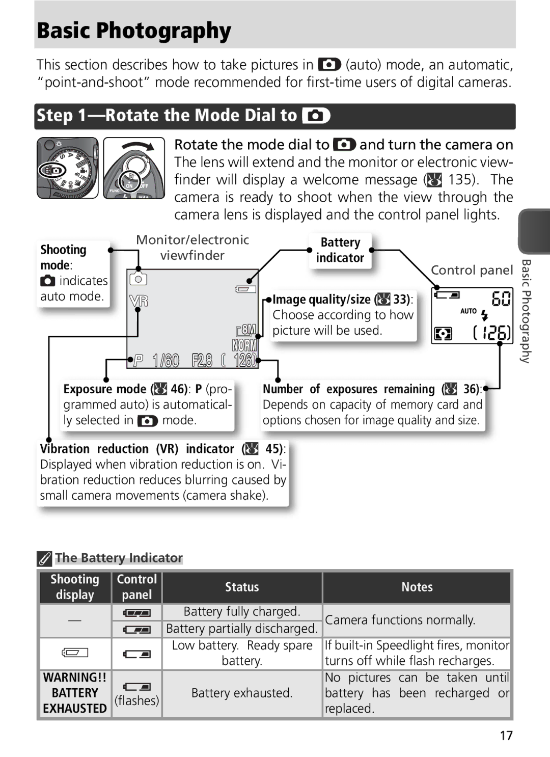 Nikon COOLPIX8800 manual Basic Photography, Rotate the Mode Dial to, Battery Indicator, Shooting, Status 