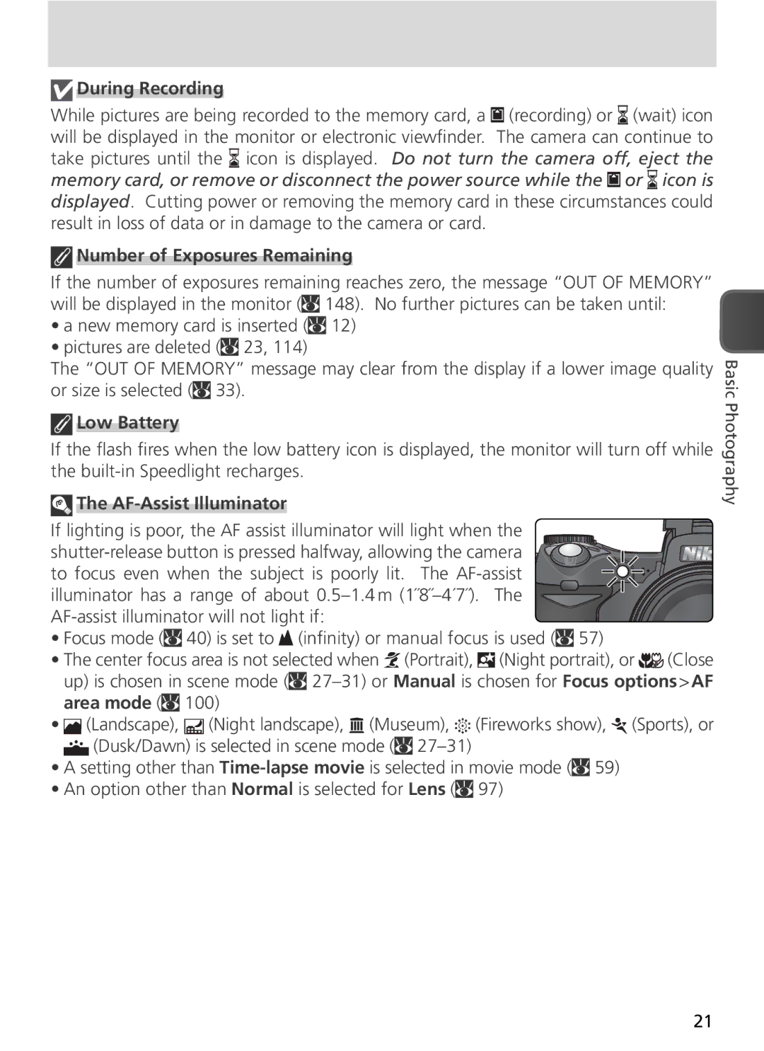 Nikon COOLPIX8800 manual During Recording, Number of Exposures Remaining, Low Battery, AF-Assist Illuminator, Area mode 