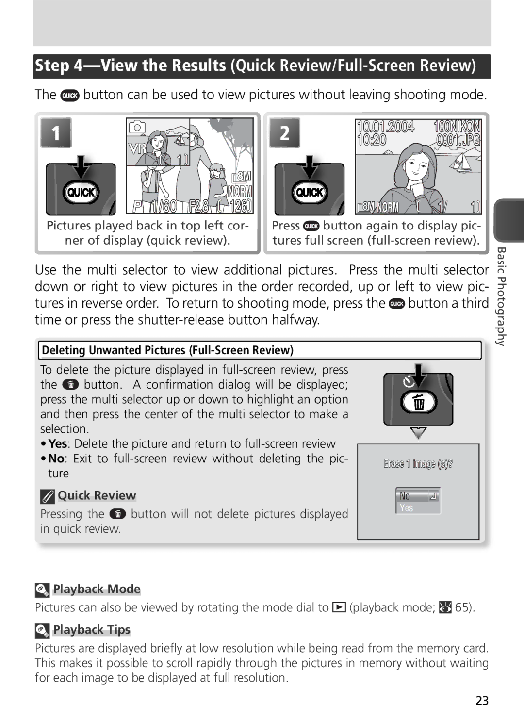 Nikon COOLPIX8800 manual Deleting Unwanted Pictures Full-Screen Review, Quick Review, Playback Mode, Playback Tips 