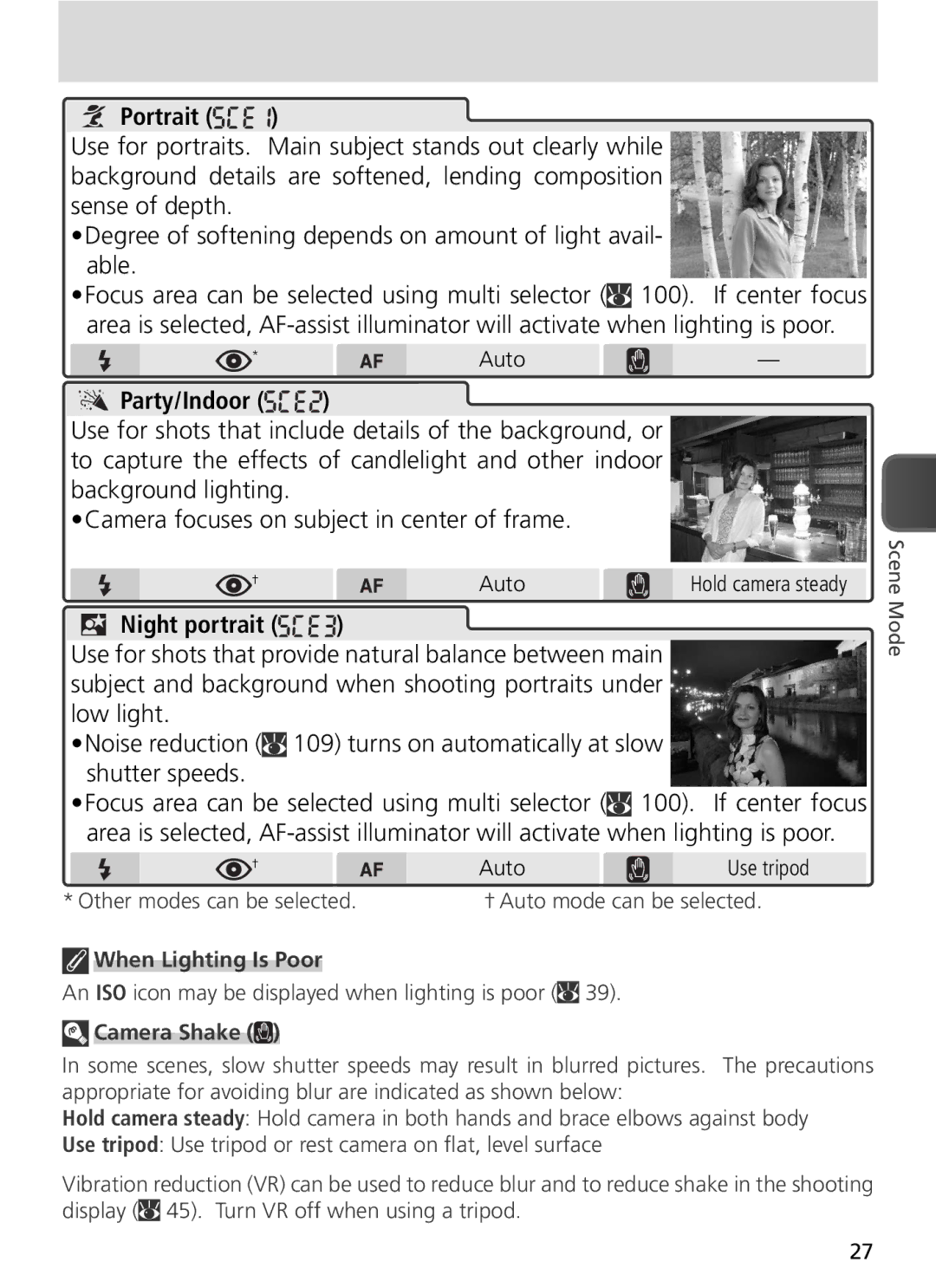 Nikon COOLPIX8800 manual Use for shots that provide natural balance between main, Auto, Camera Shake 