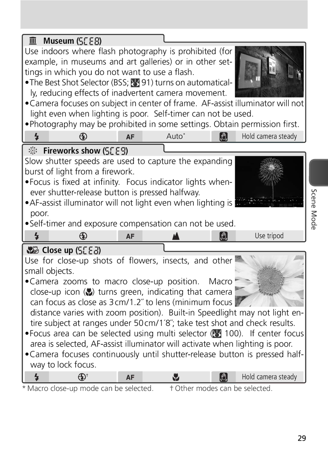 Nikon COOLPIX8800 manual Museum, † Other modes can be selected 