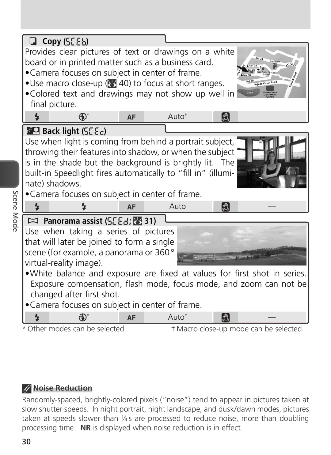 Nikon COOLPIX8800 Auto†, Panorama assist, Virtual-reality image, Noise Reduction, † Macro close-up mode can be selected 