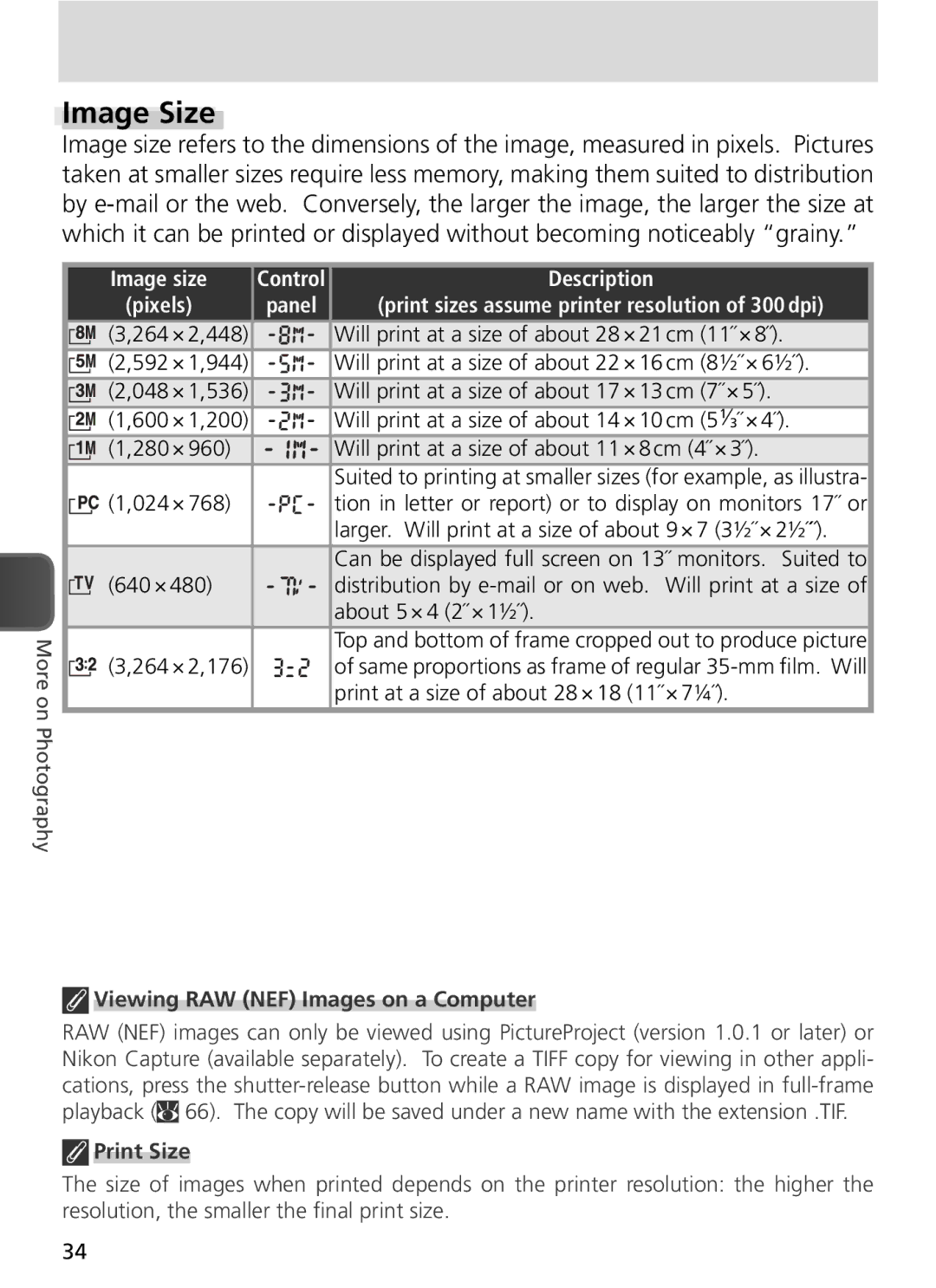 Nikon COOLPIX8800 manual Image Size, Image size, Pixels, Viewing RAW NEF Images on a Computer, Print Size 