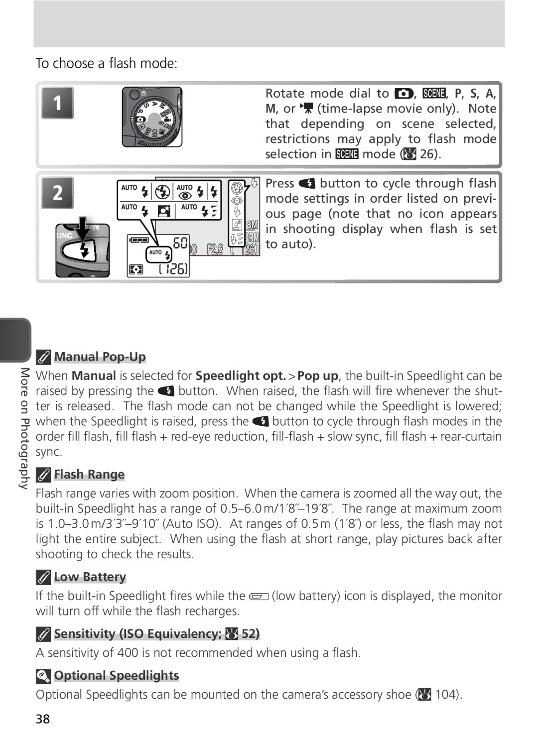 Nikon COOLPIX8800 To choose a ﬂash mode, Manual Pop-Up, Flash Range, Sensitivity ISO Equivalency, Optional Speedlights 