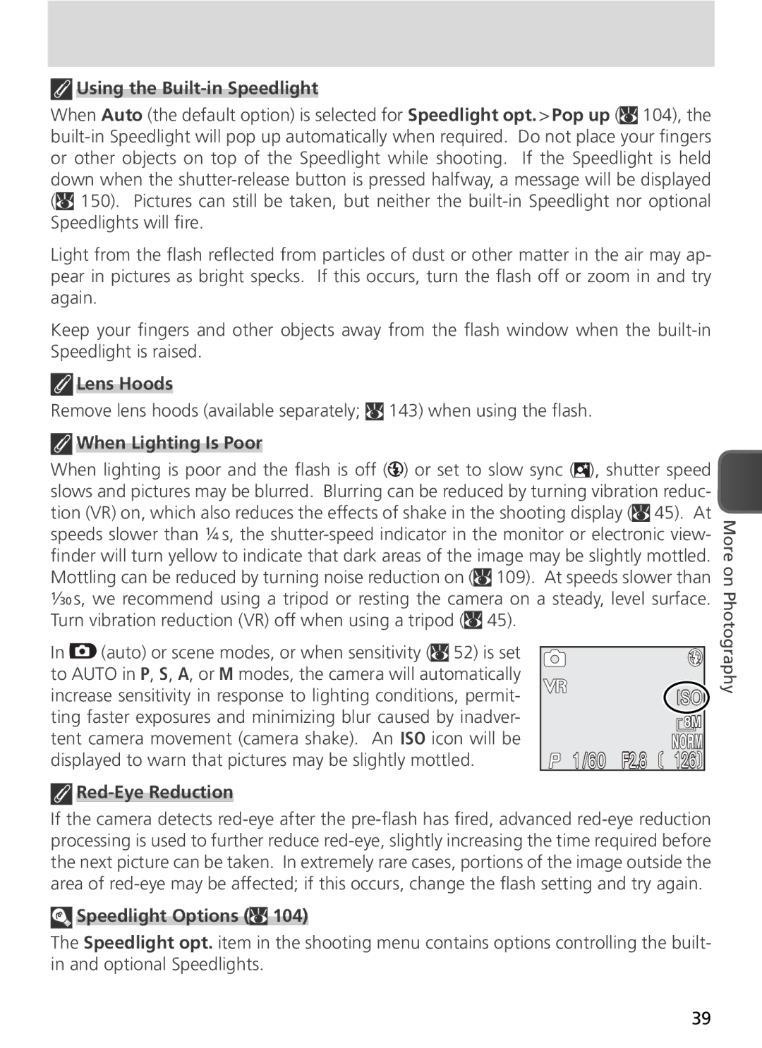 Nikon COOLPIX8800 manual Using the Built-in Speedlight, Lens Hoods, Displayed to warn that pictures may be slightly mottled 