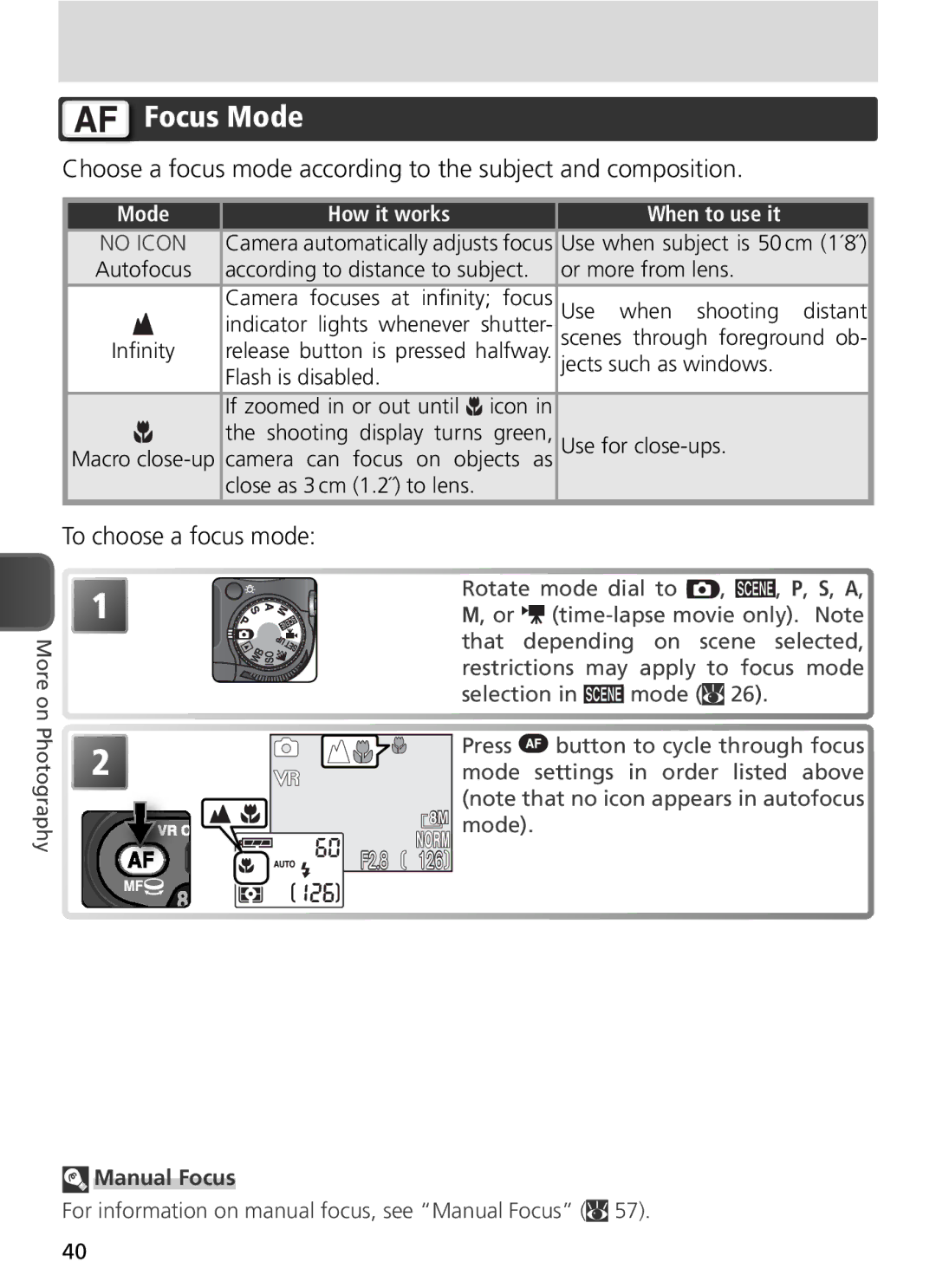 Nikon COOLPIX8800 manual Focus Mode, To choose a focus mode, Mode How it works When to use it, Manual Focus 