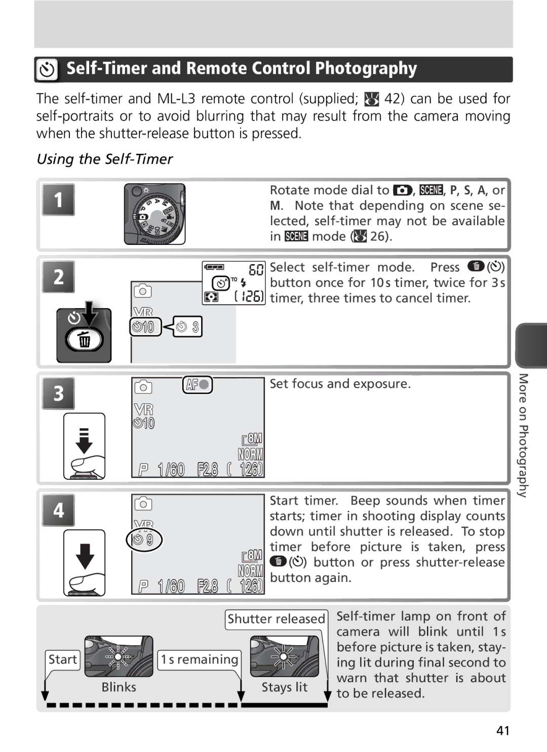 Nikon COOLPIX8800 manual Self-Timer and Remote Control Photography, Using the Self-Timer 