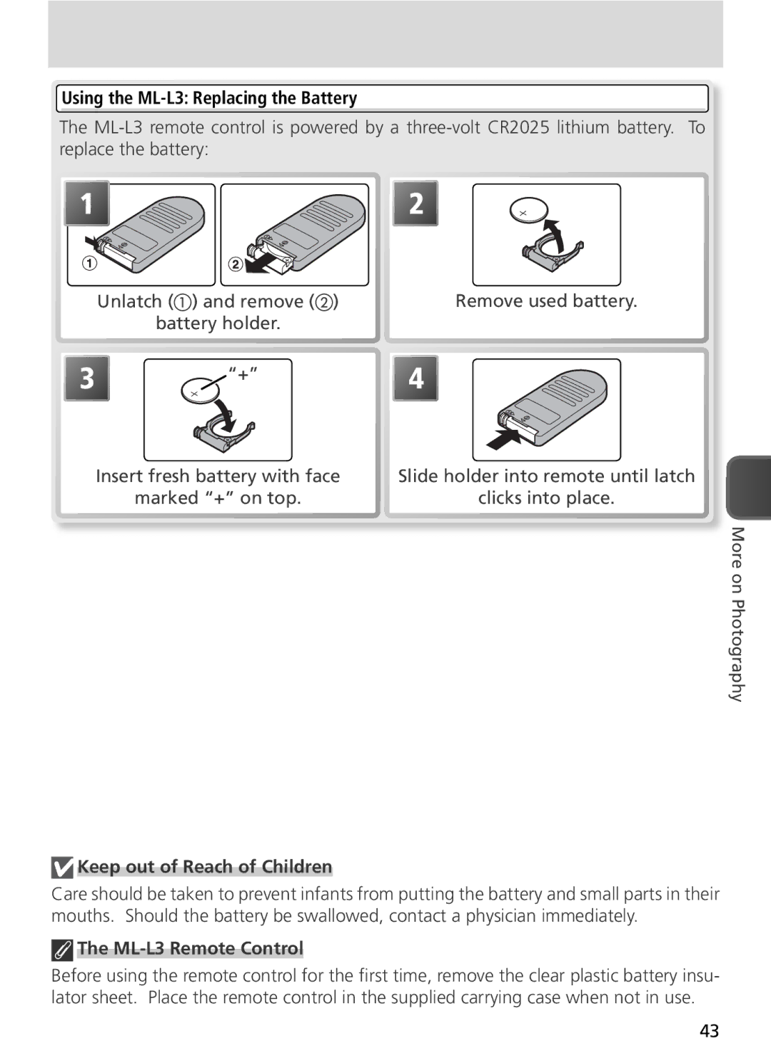 Nikon COOLPIX8800 manual Using the ML-L3 Replacing the Battery, Keep out of Reach of Children, ML-L3 Remote Control 