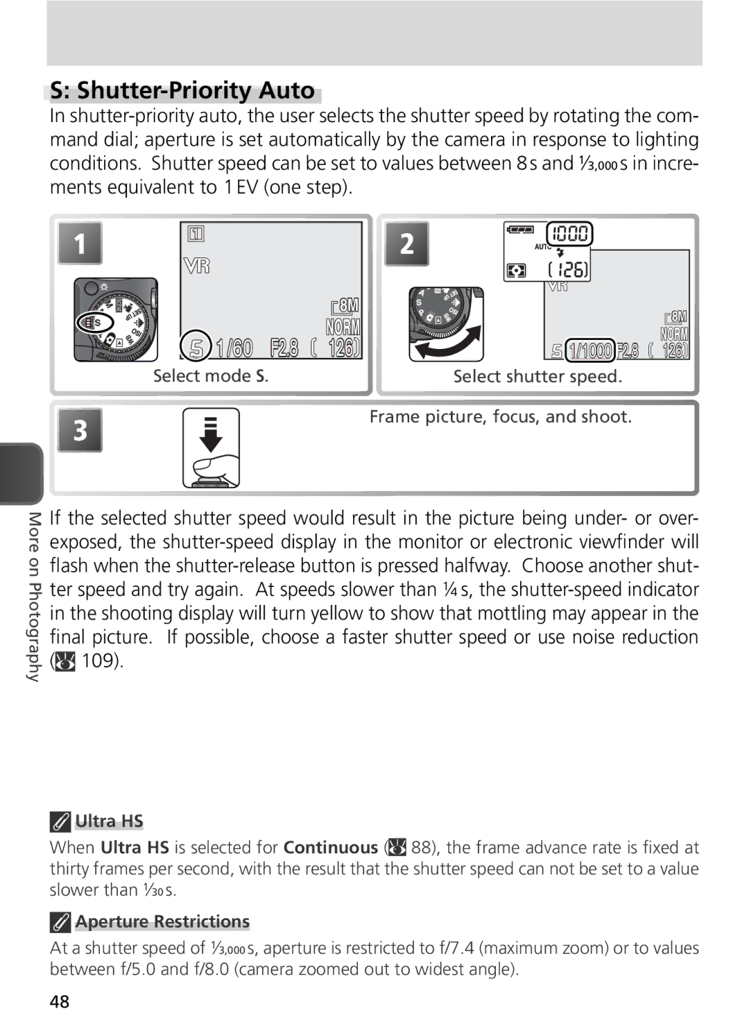 Nikon COOLPIX8800 manual Shutter-Priority Auto, Ultra HS, Aperture Restrictions 