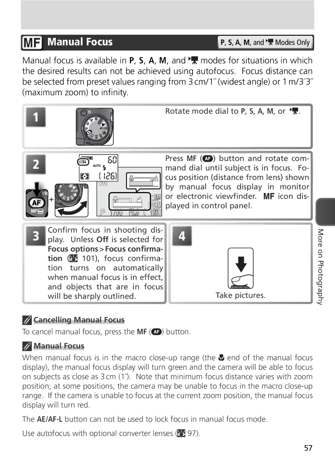 Nikon COOLPIX8800 manual Rotate mode dial to P, S, A, M, or, Tion, Cancelling Manual Focus 