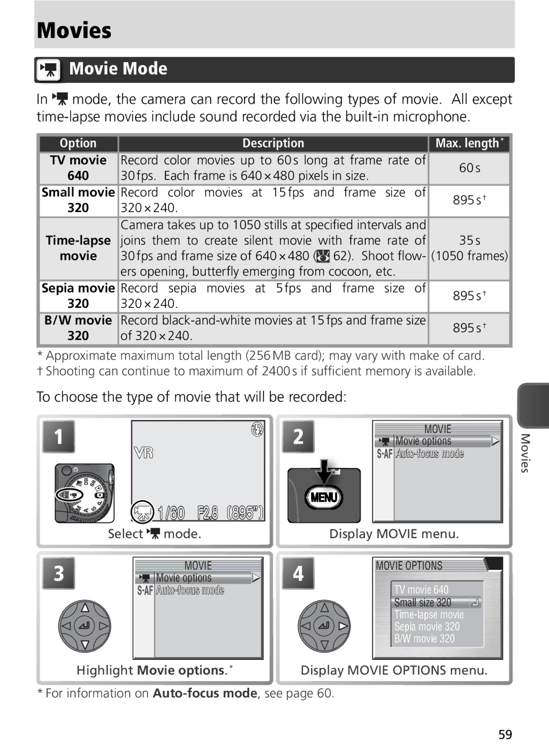 Nikon COOLPIX8800 manual Movies, Movie Mode, To choose the type of movie that will be recorded, Highlight Movie options 