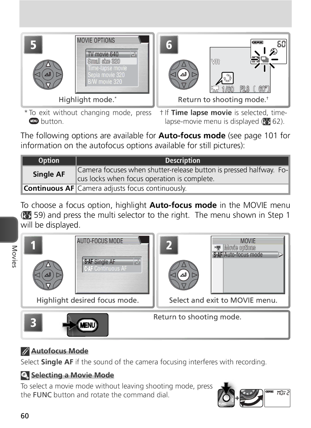 Nikon COOLPIX8800 Highlight mode To exit without changing mode, press button, Return to shooting mode.†, Autofocus Mode 