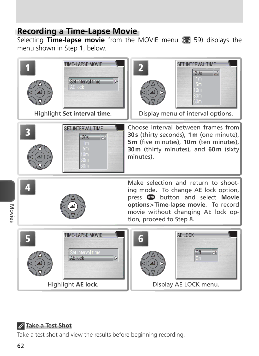 Nikon COOLPIX8800 manual Recording a Time-Lapse Movie, Highlight Set interval time, Highlight AE lock, Display AE Lock menu 