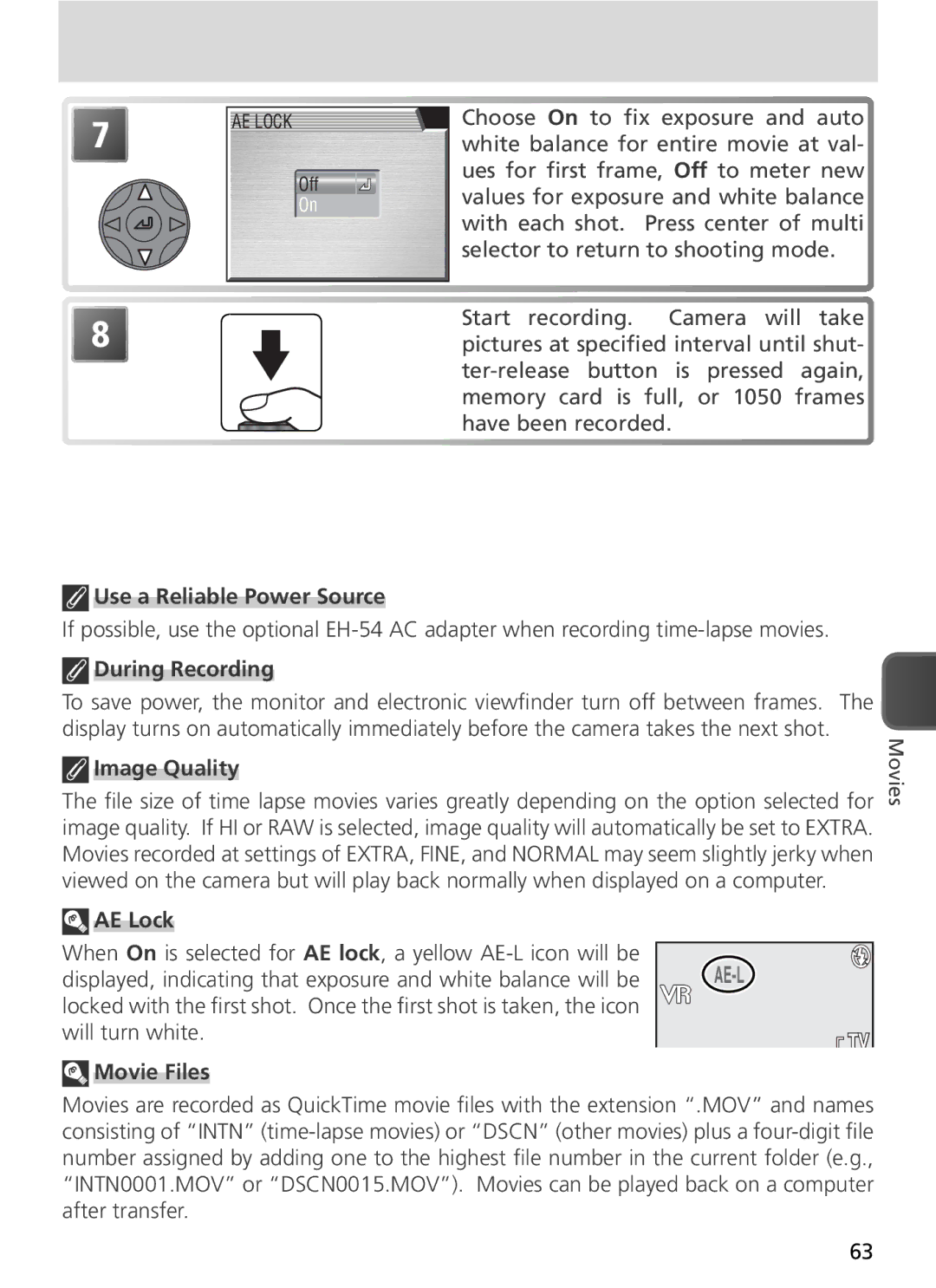 Nikon COOLPIX8800 manual Use a Reliable Power Source, Image Quality, AE Lock, Movie Files 