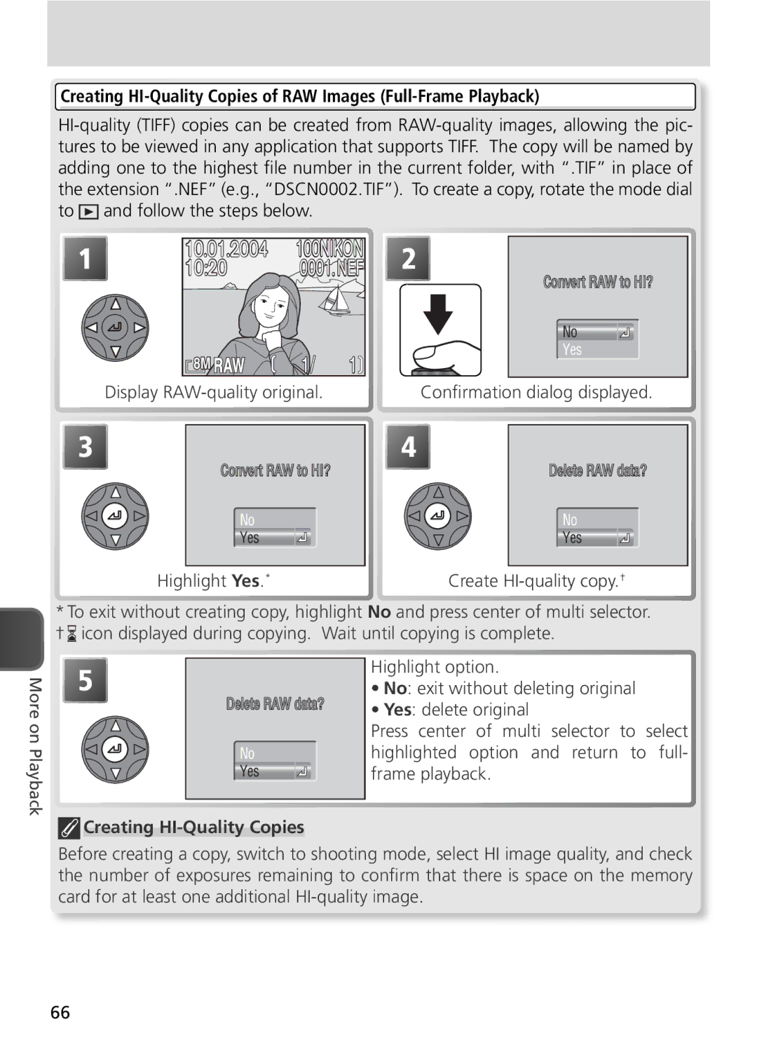 Nikon COOLPIX8800 manual Display RAW-quality original Conﬁrmation dialog displayed, Creating HI-Quality Copies 