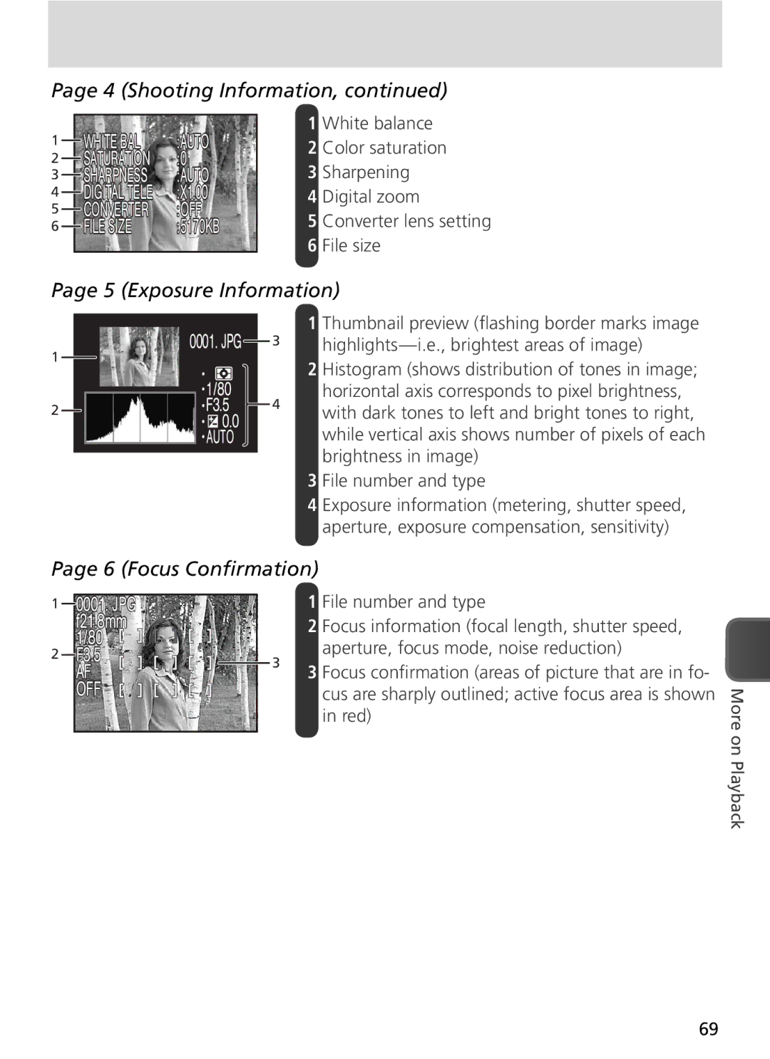 Nikon COOLPIX8800 manual Shooting Information, Exposure Information, Focus Conﬁrmation 