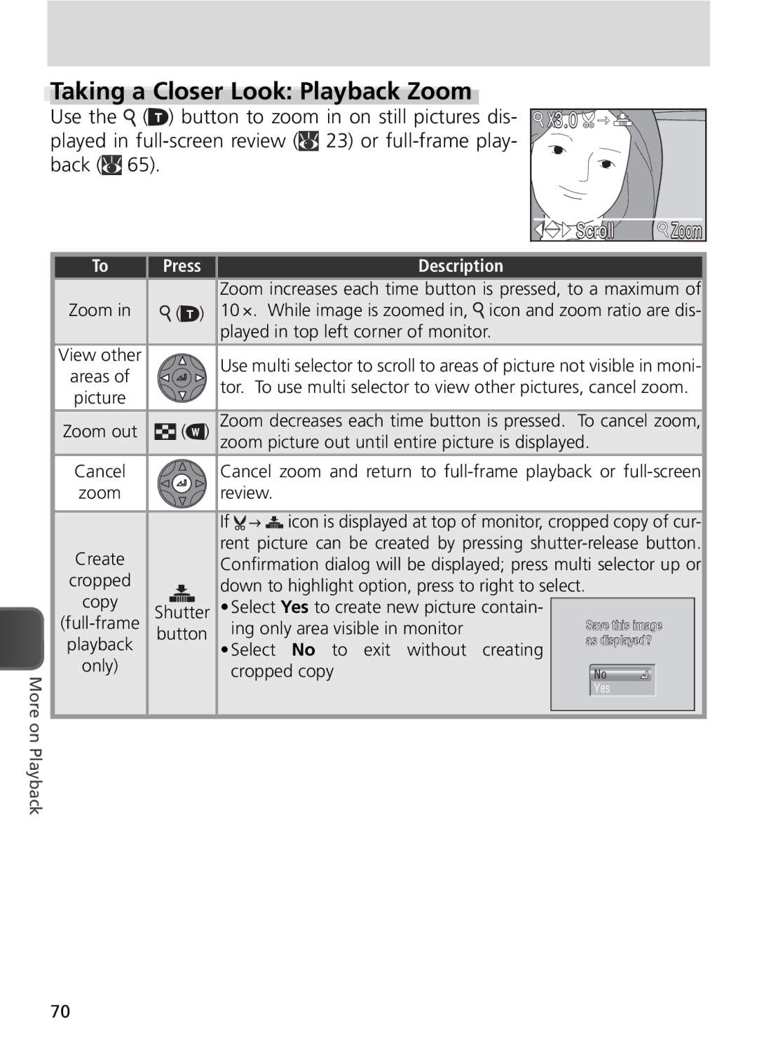 Nikon COOLPIX8800 manual Taking a Closer Look Playback Zoom, Press Description 