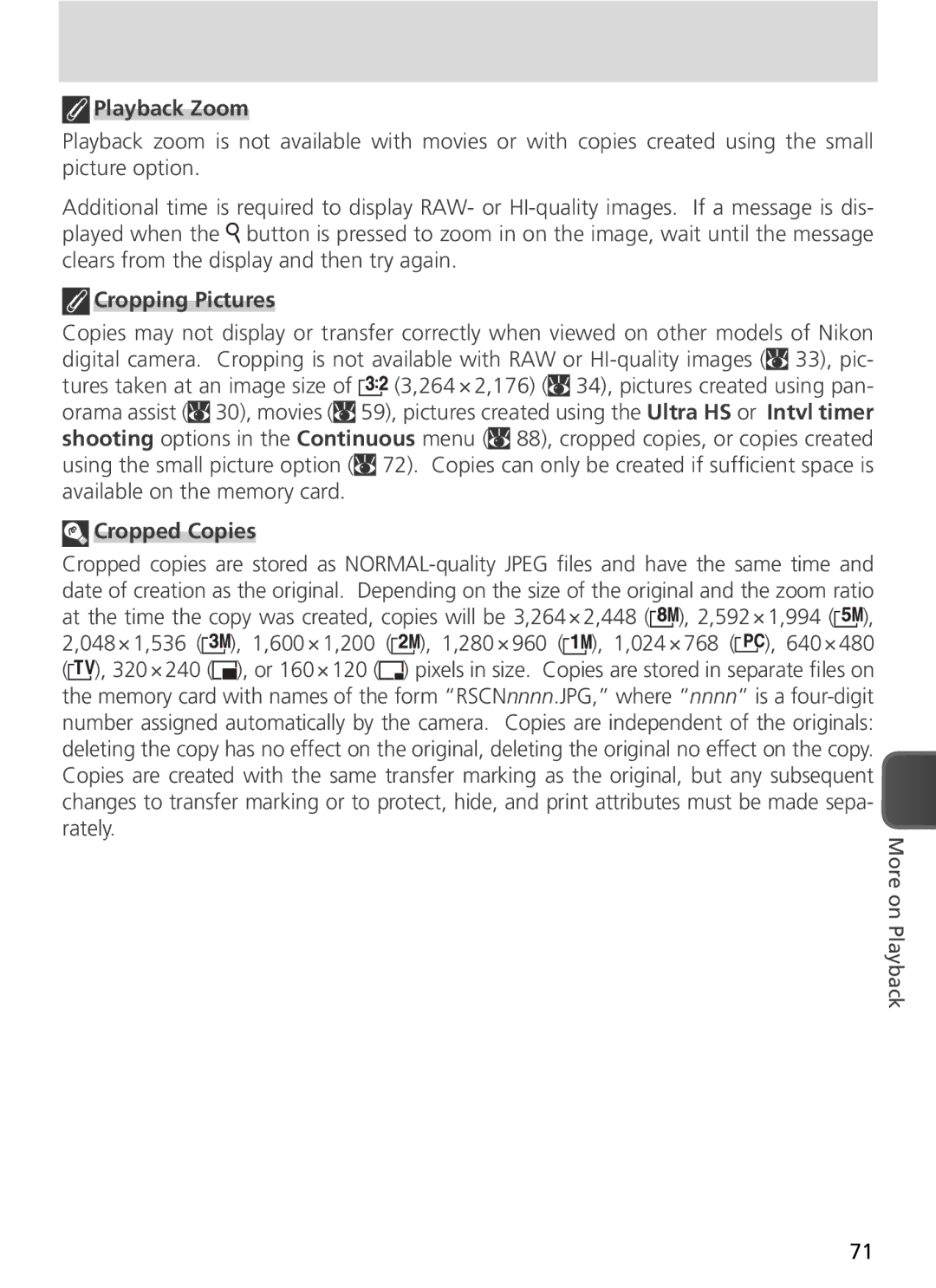 Nikon COOLPIX8800 manual Playback Zoom, Cropping Pictures, Cropped Copies 