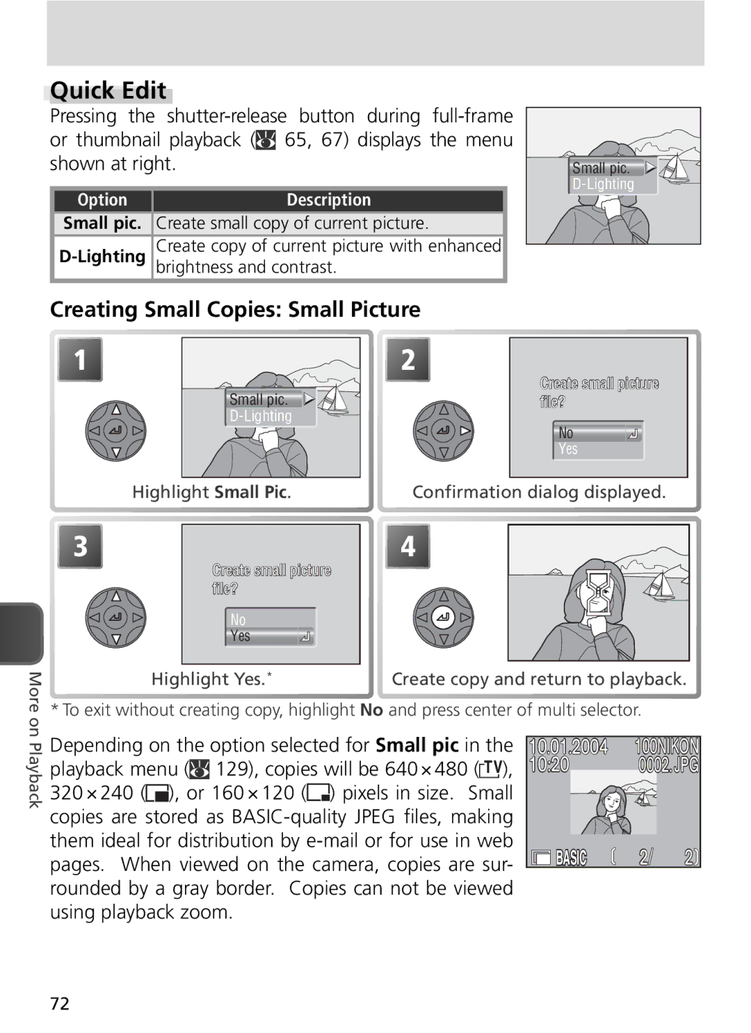 Nikon COOLPIX8800 manual Quick Edit, Creating Small Copies Small Picture, Create small copy of current picture 