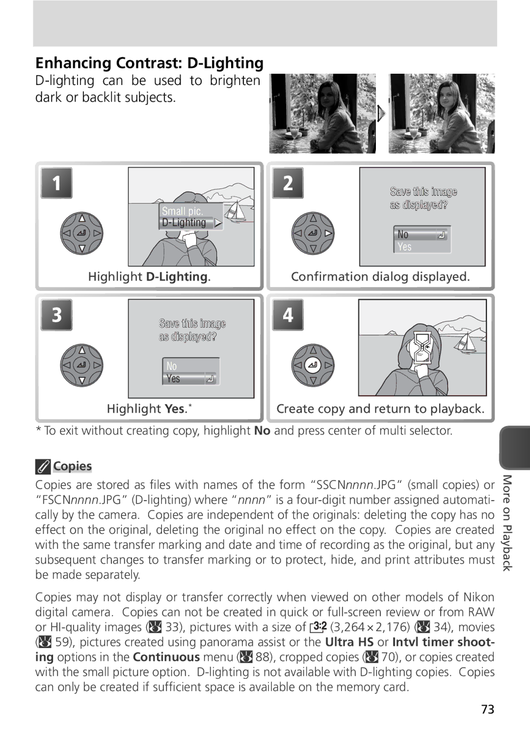 Nikon COOLPIX8800 manual Enhancing Contrast D-Lighting, Lighting can be used to brighten dark or backlit subjects, Copies 