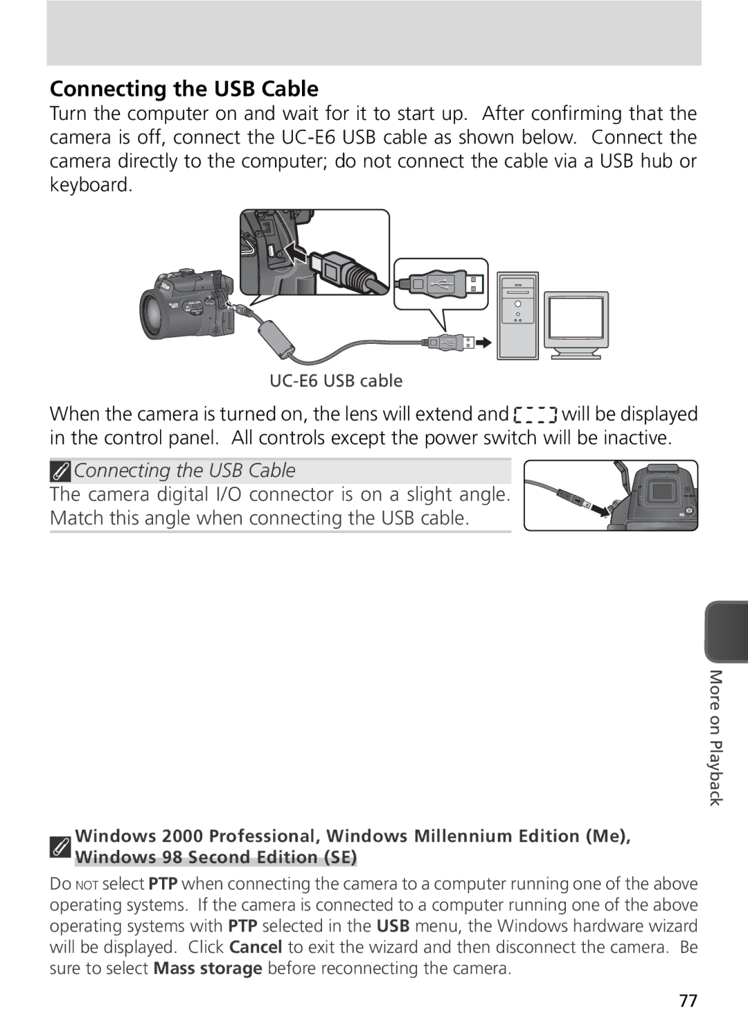 Nikon COOLPIX8800 manual Connecting the USB Cable, UC-E6 USB cable 