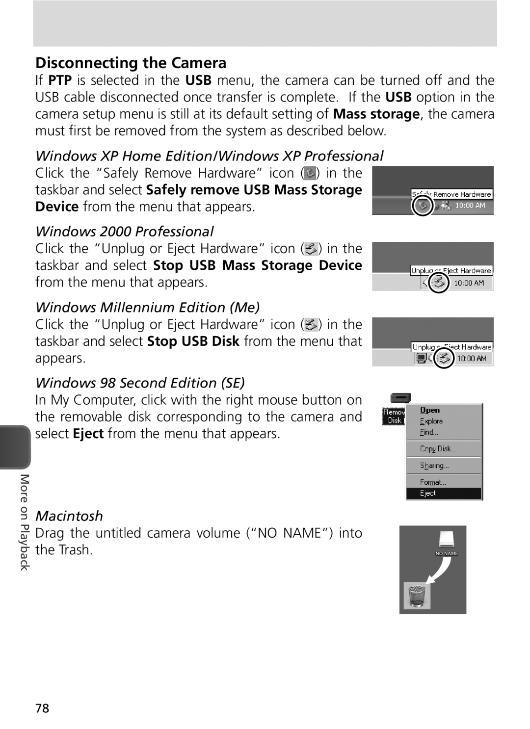 Nikon COOLPIX8800 manual Disconnecting the Camera, Windows Millennium Edition Me, Windows 98 Second Edition SE, Macintosh 