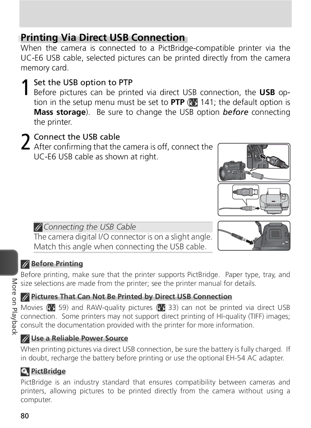 Nikon COOLPIX8800 manual Printing Via Direct USB Connection, Before Printing, PictBridge 