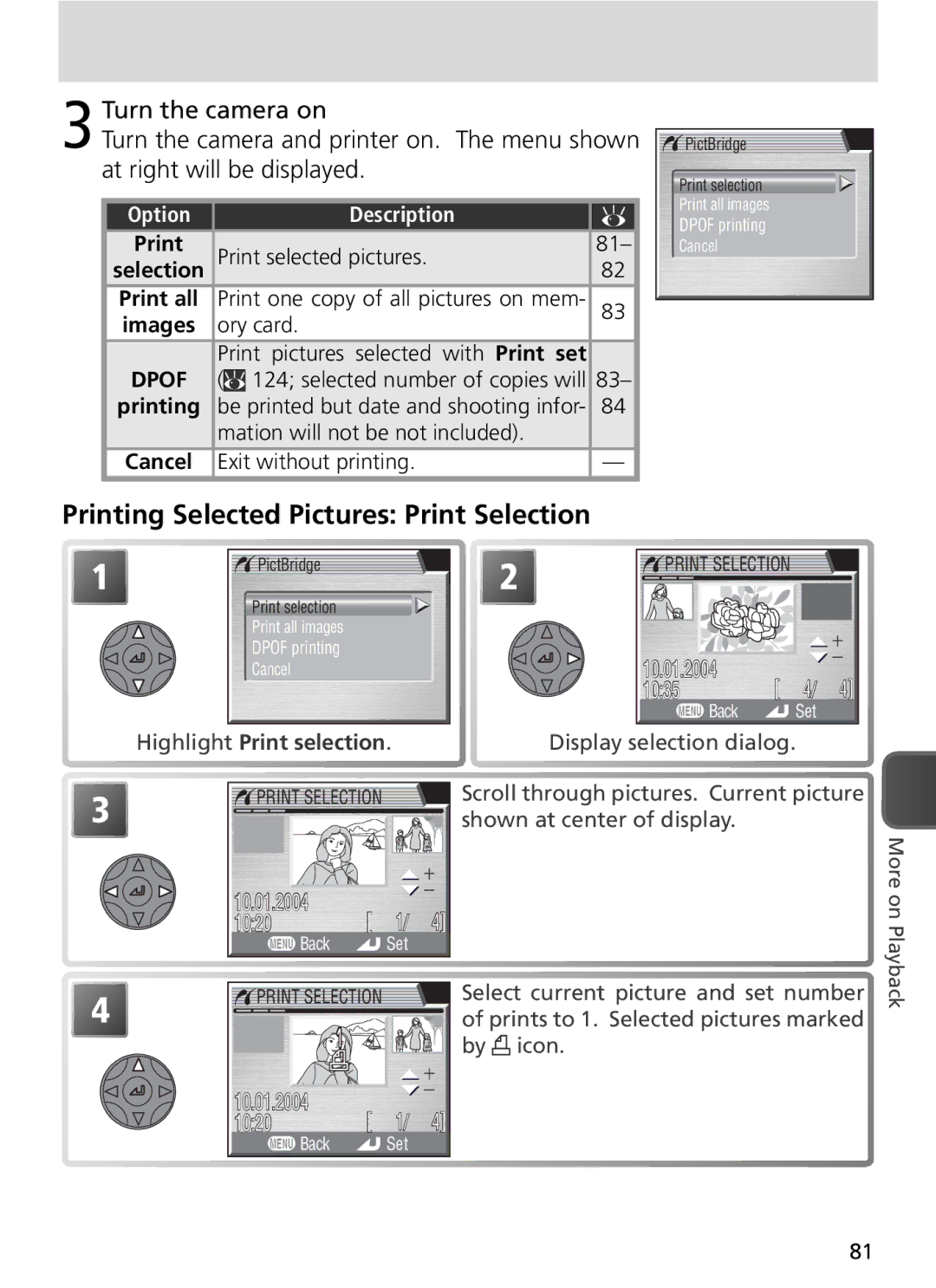 Nikon COOLPIX8800 manual Printing Selected Pictures Print Selection, Highlight Print selection 