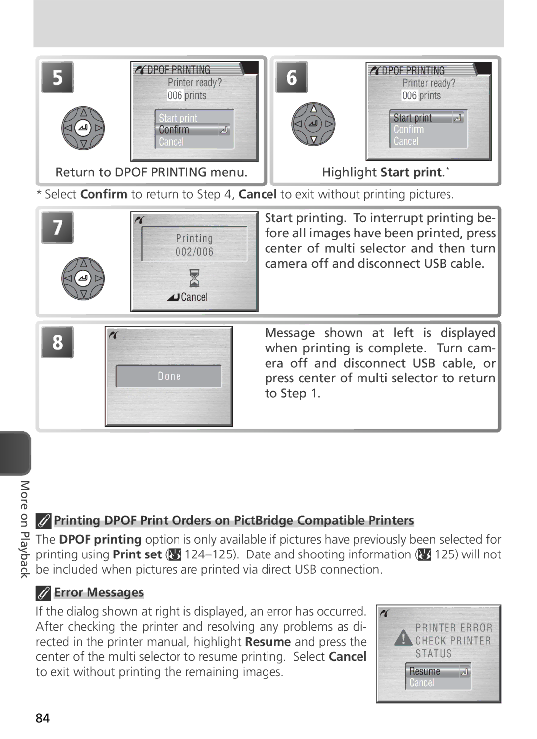 Nikon COOLPIX8800 manual Printing Dpof Print Orders on PictBridge Compatible Printers, Error Messages 