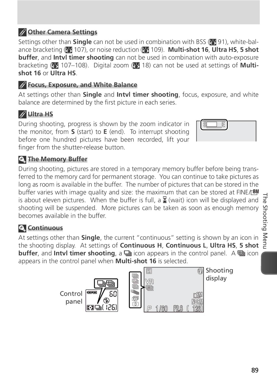 Nikon COOLPIX8800 manual Other Camera Settings, Focus, Exposure, and White Balance, Memory Buffer, Continuous 