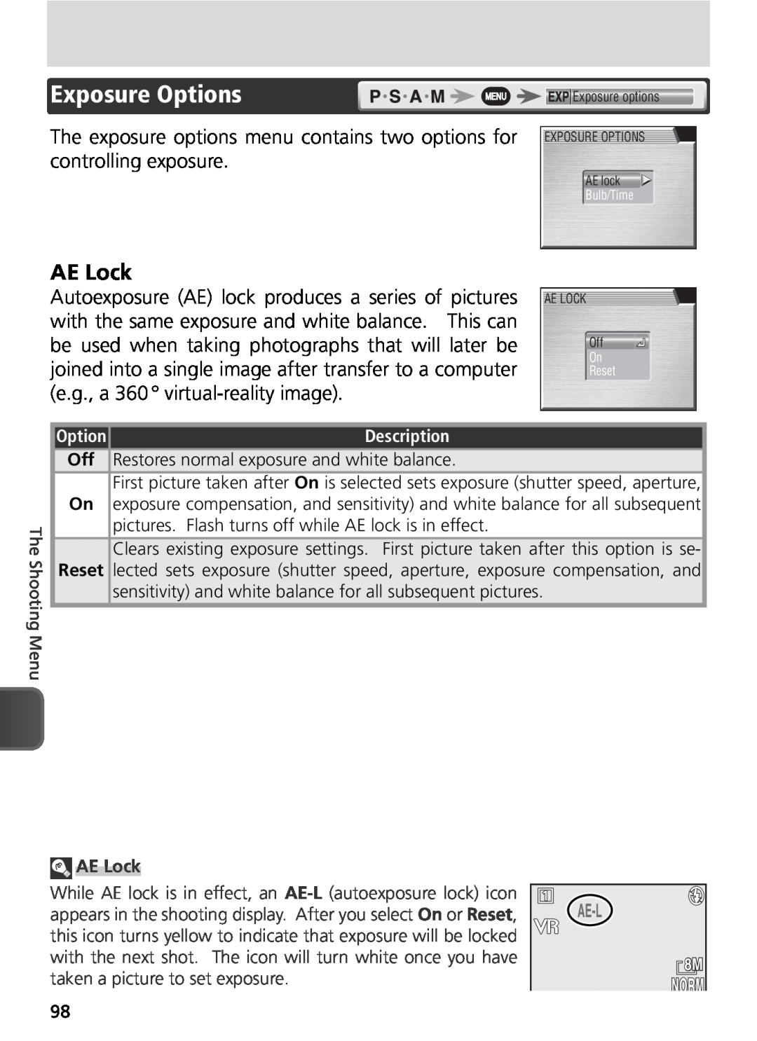 Nikon COOLPIX8800 manual Exposure Options, AE Lock, Ae-L 