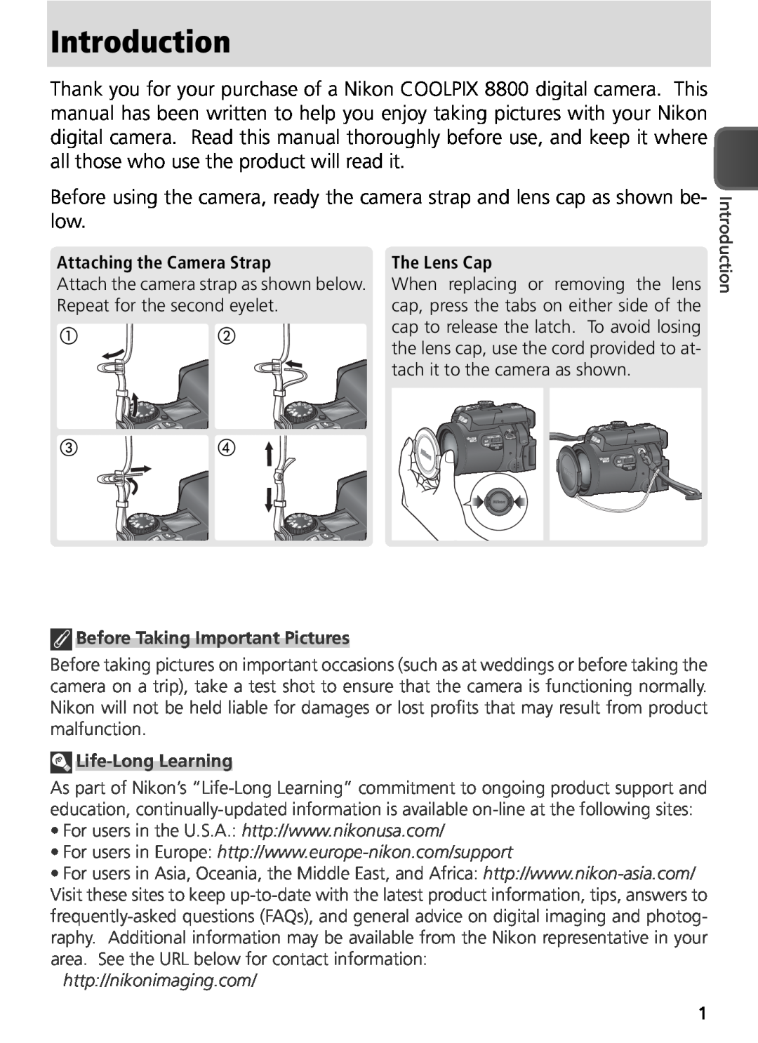 Nikon COOLPIX8800 manual Introduction, Attaching the Camera Strap, The Lens Cap 
