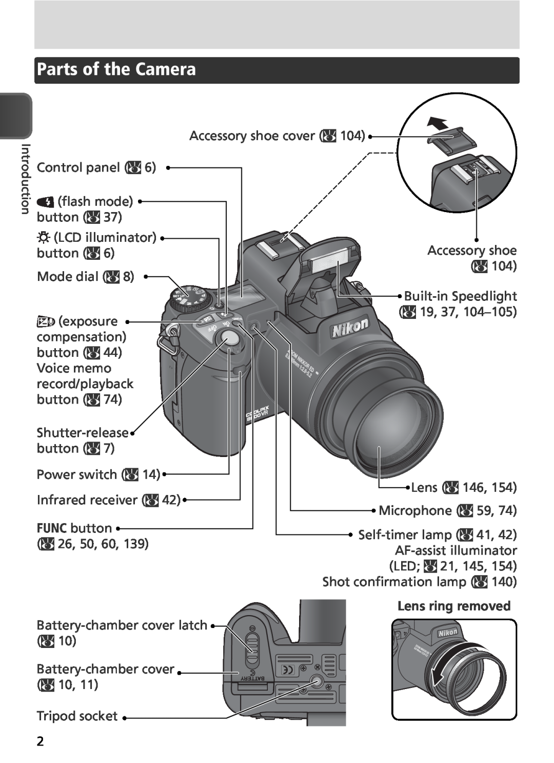 Nikon COOLPIX8800 manual Parts of the Camera, Lens ring removed 