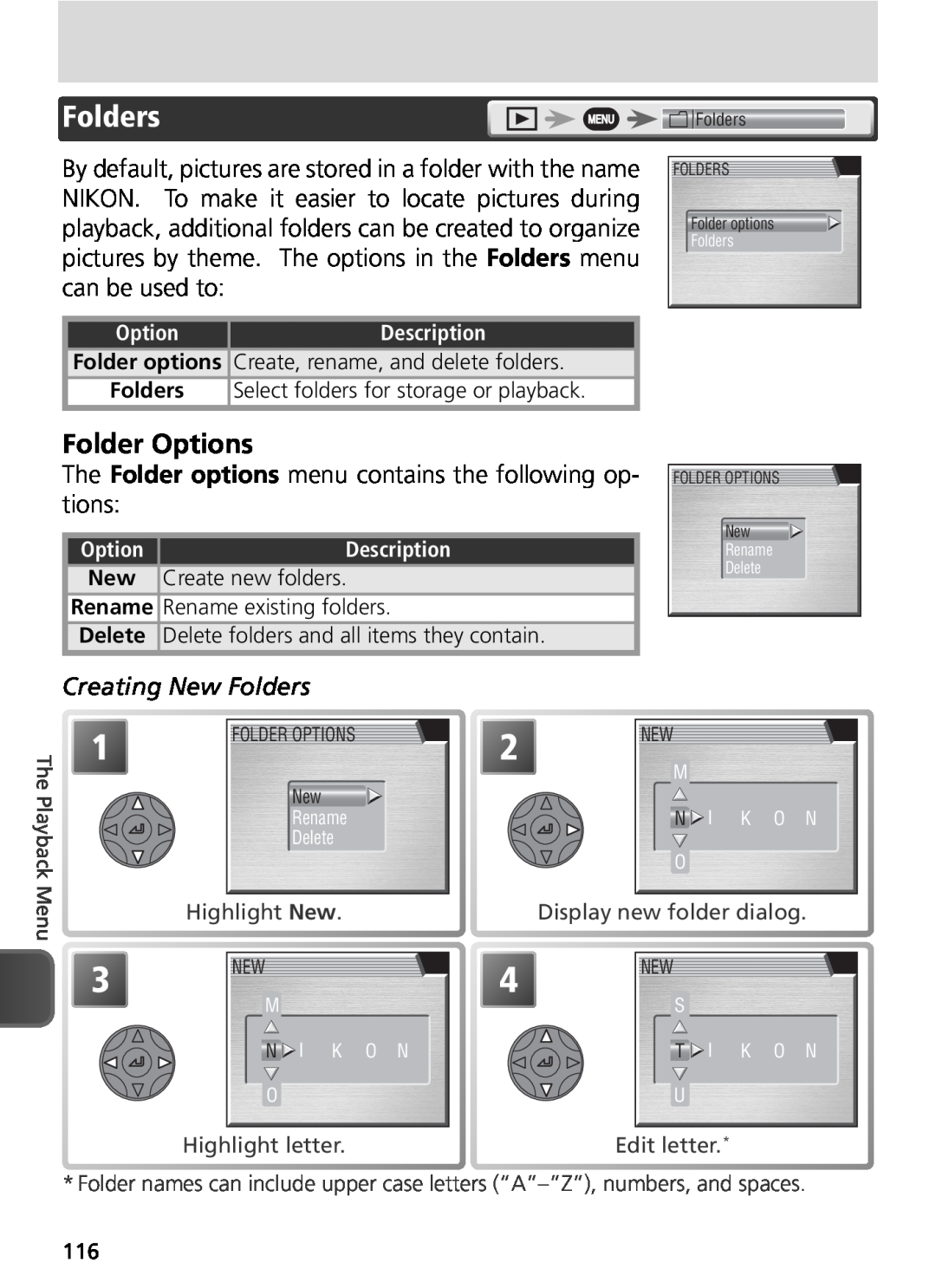 Nikon COOLPIX8800 manual Folder Options, Creating New Folders 