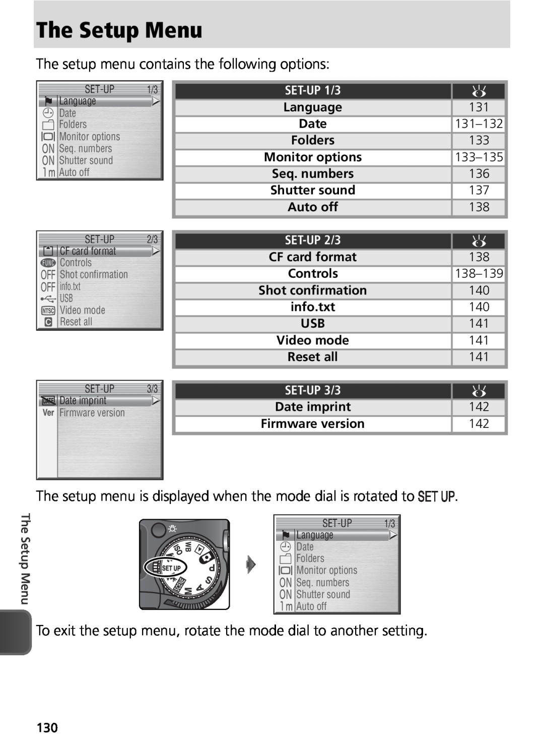 Nikon COOLPIX8800 manual The Setup Menu, The setup menu contains the following options, Date 