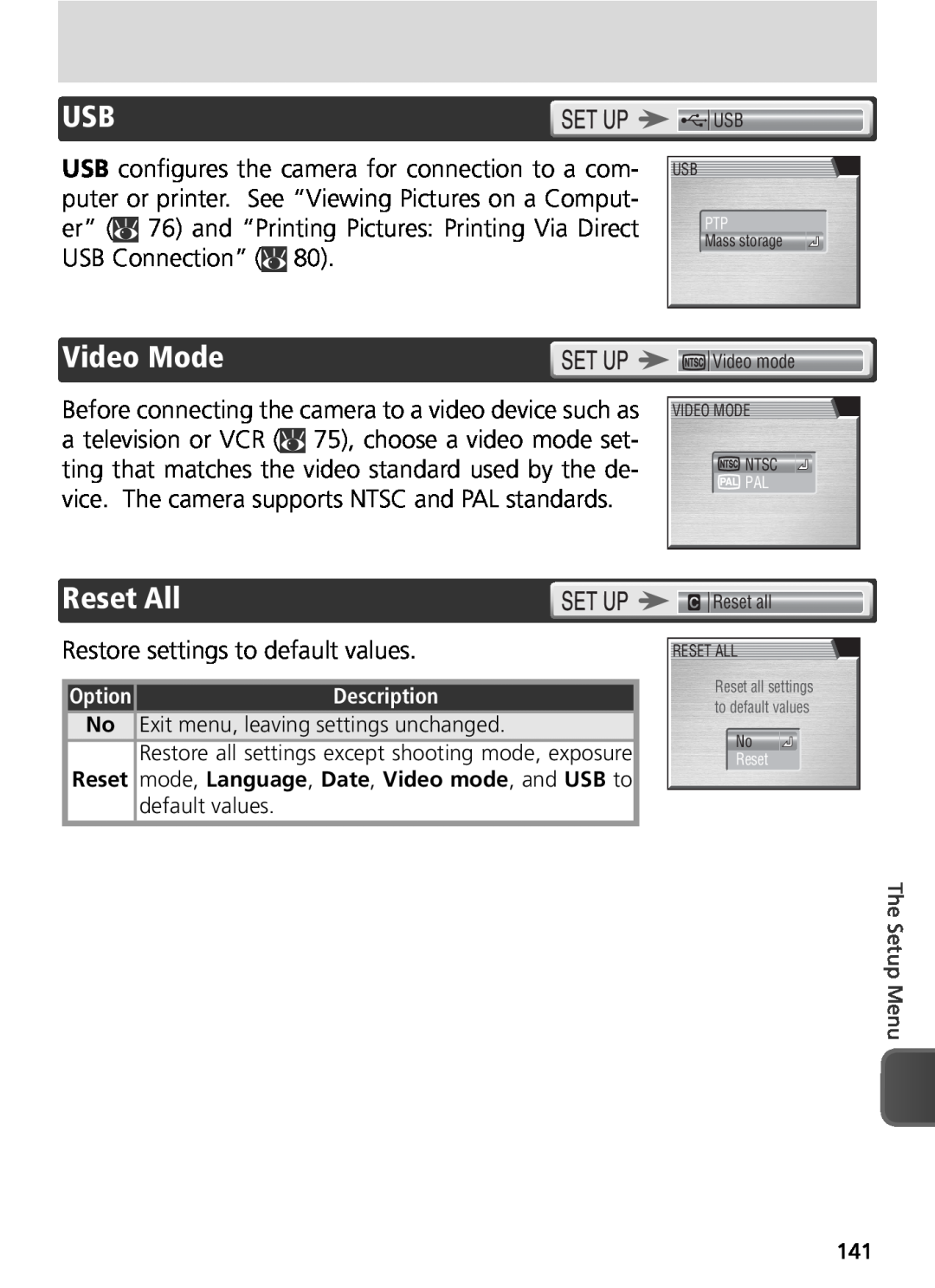 Nikon COOLPIX8800 manual Video Mode, Reset All, Restore settings to default values 