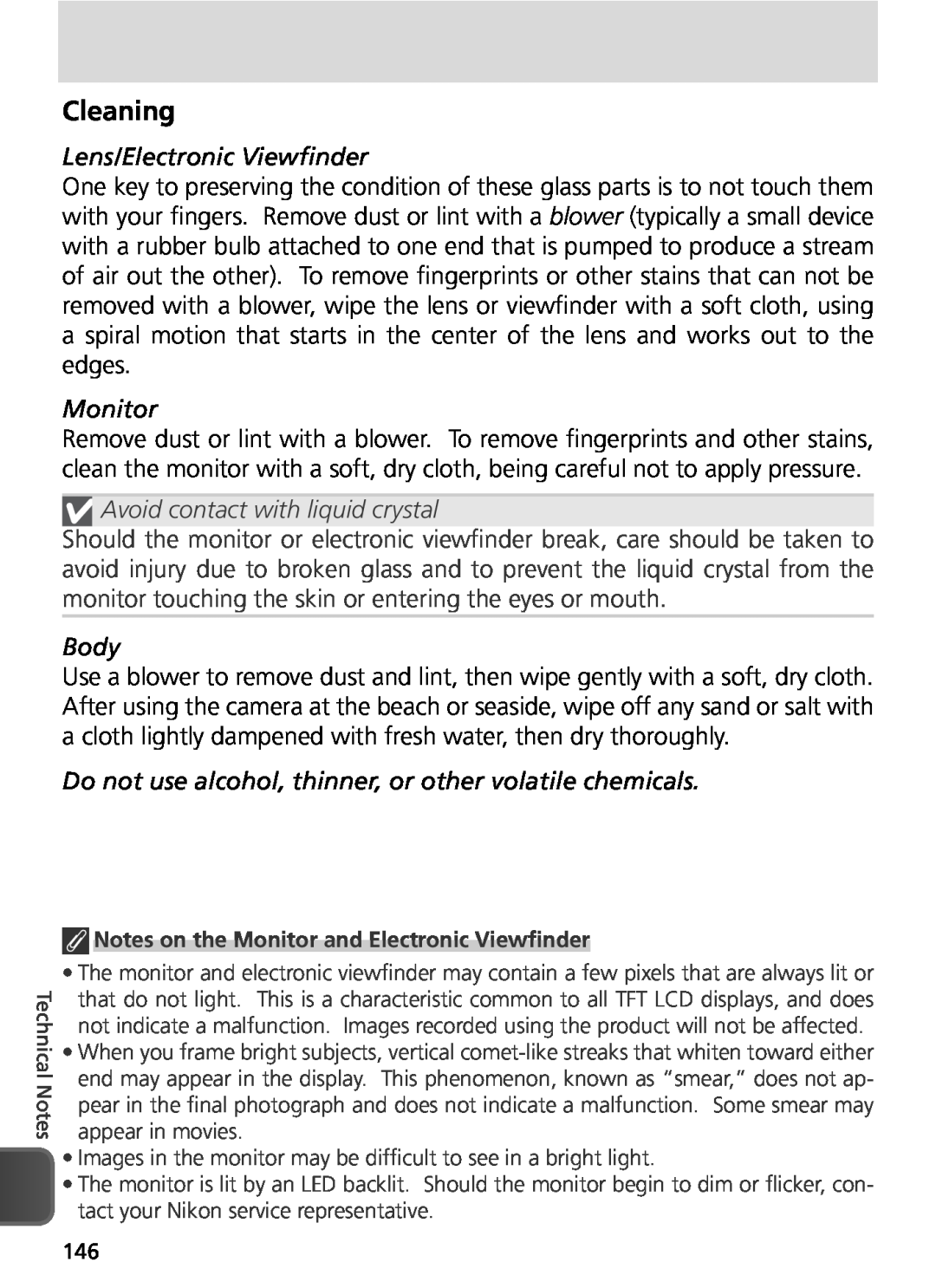 Nikon COOLPIX8800 manual Cleaning, Lens/Electronic Viewﬁnder, Monitor, Avoid contact with liquid crystal, Body 